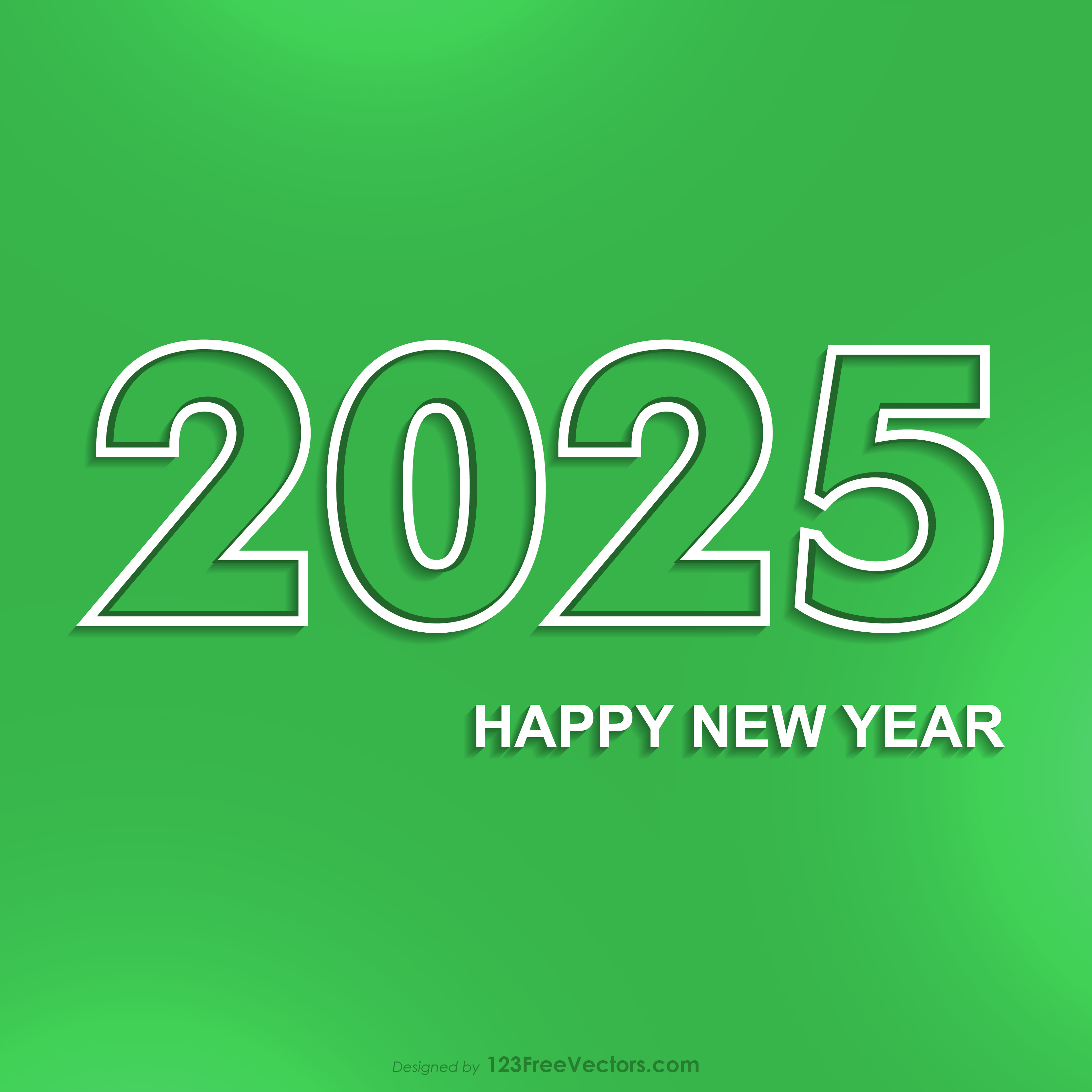 A vibrant green background featuring the year 2025 in bold white outlines, wishing a Happy New Year
