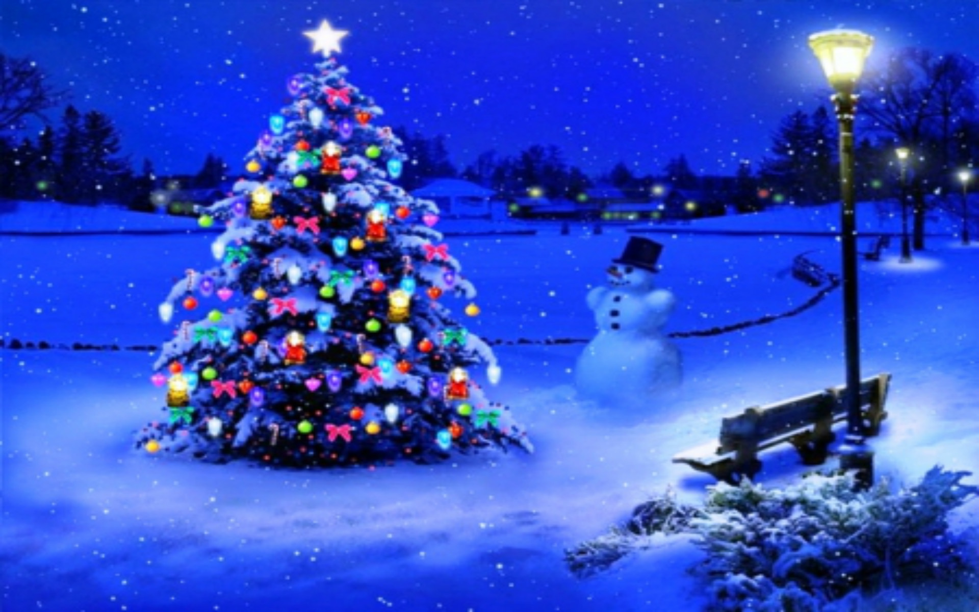 A picturesque Christmas scene with a decorated tree, a snowman, and a park bench in a snowy landscape at night