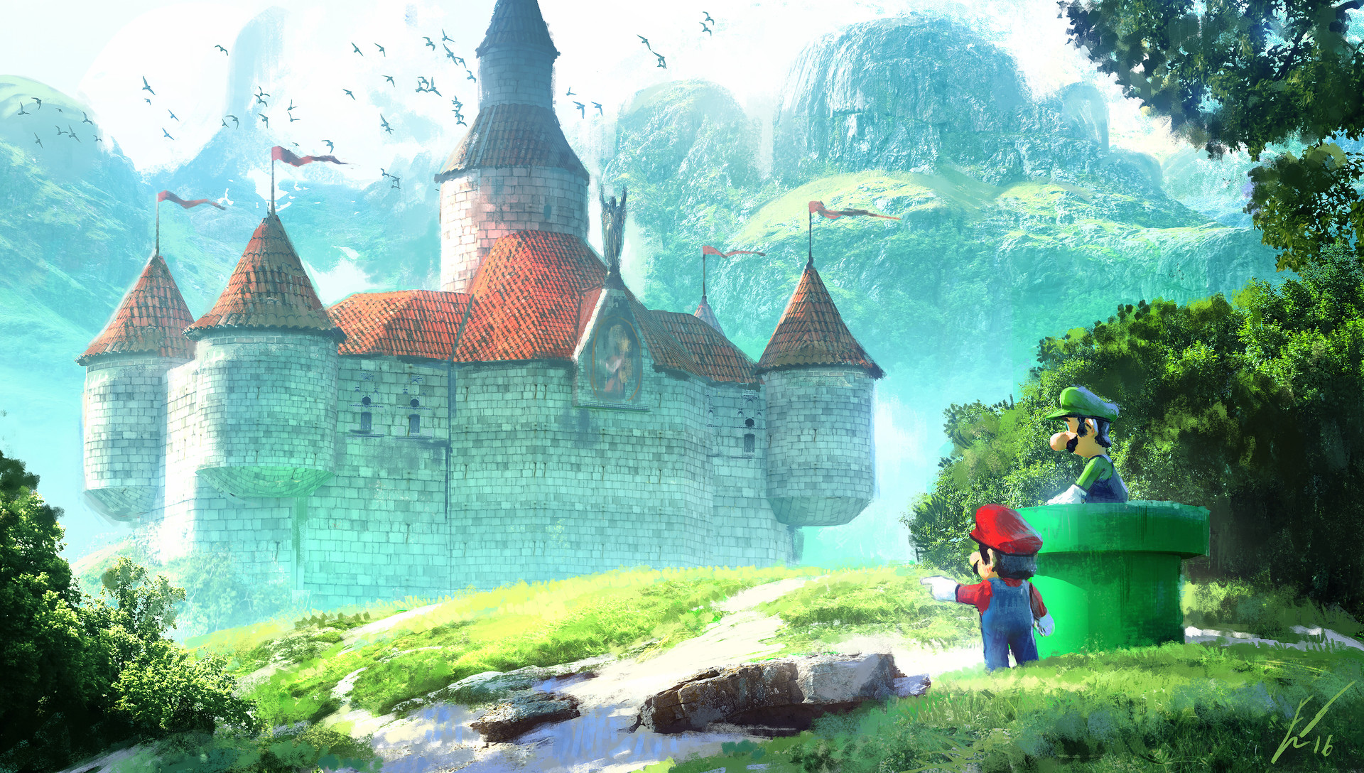 Digital artwork of Mario and Luigi standing near a warp pipe, gazing towards a majestic castle nestled in a verdant, mountainous landscape, reminiscent of the Super Mario game world