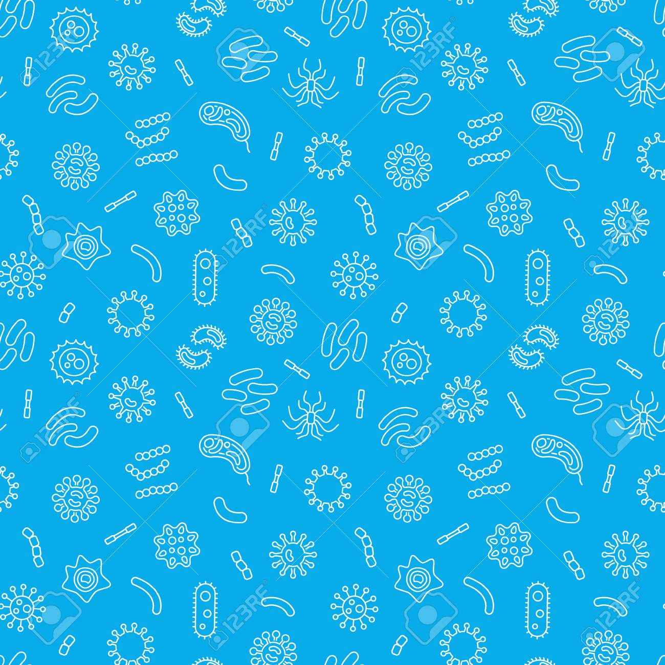 Seamless Vector Pattern With Outline Bacteria Icons On Blue