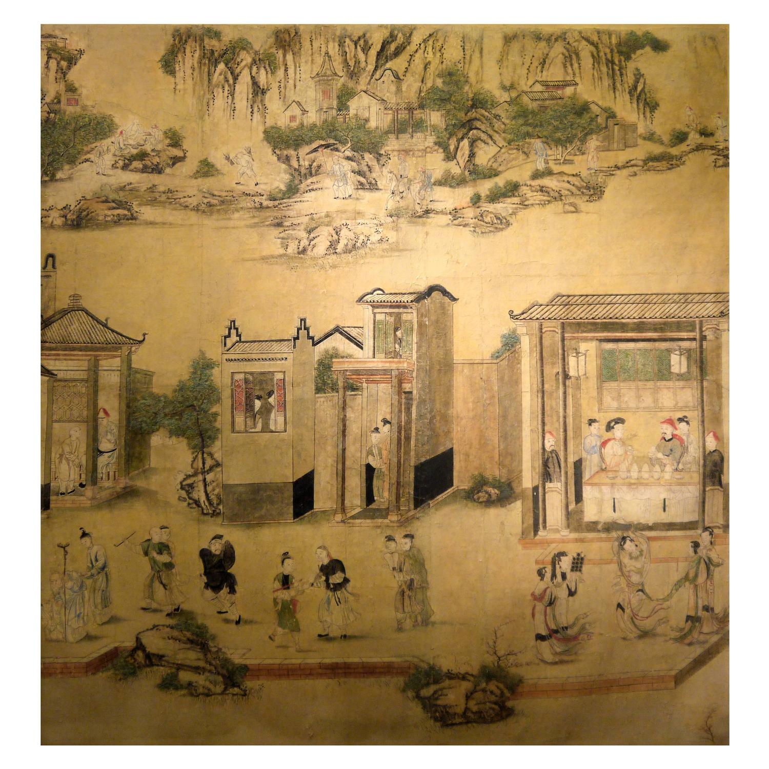 Large 19th Century Chinese Hand Painted Landscape Scene For Sale At