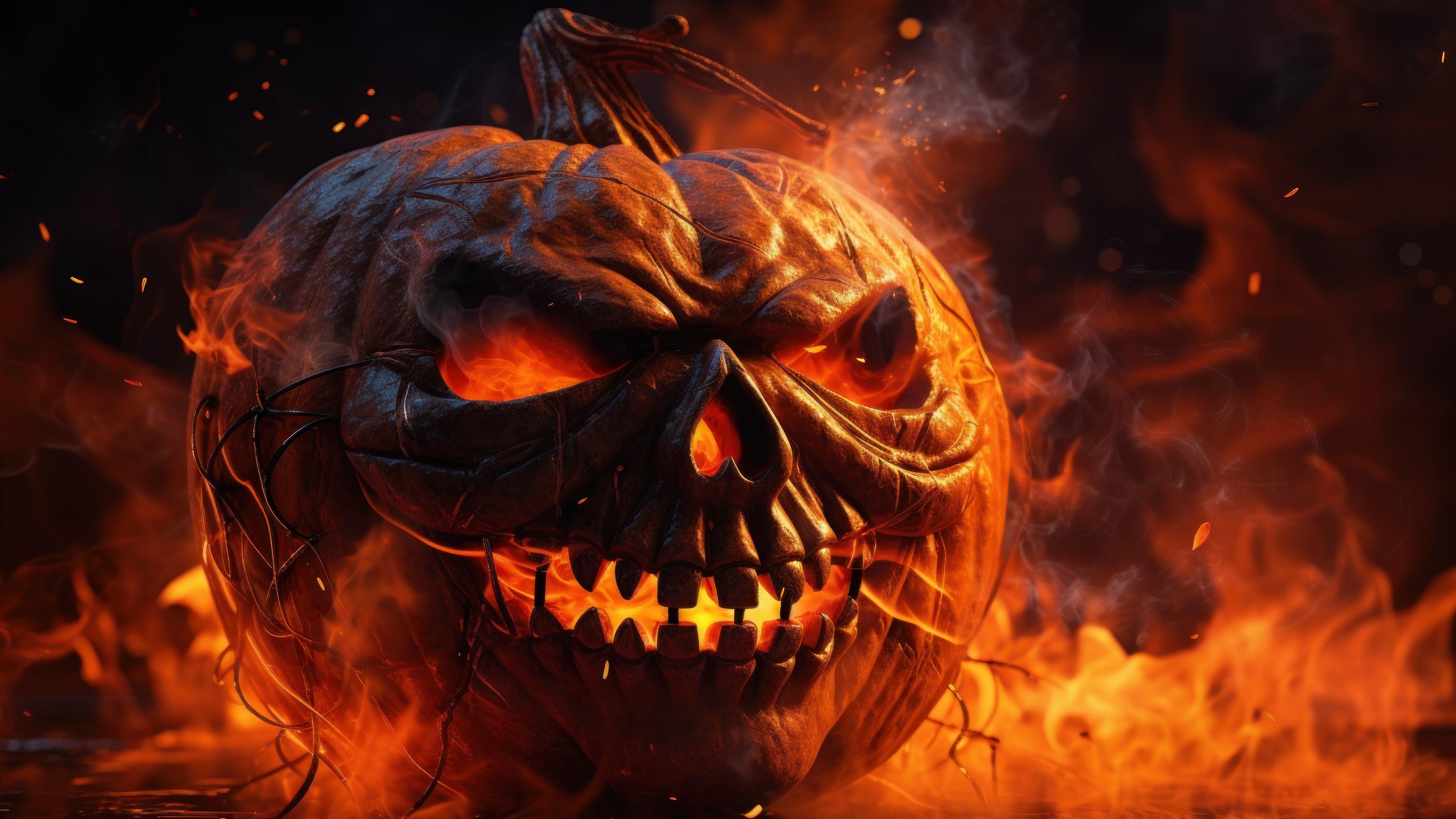 Halloween Scary Pumpkin On Fire Ai Generated 4k Wallpaper