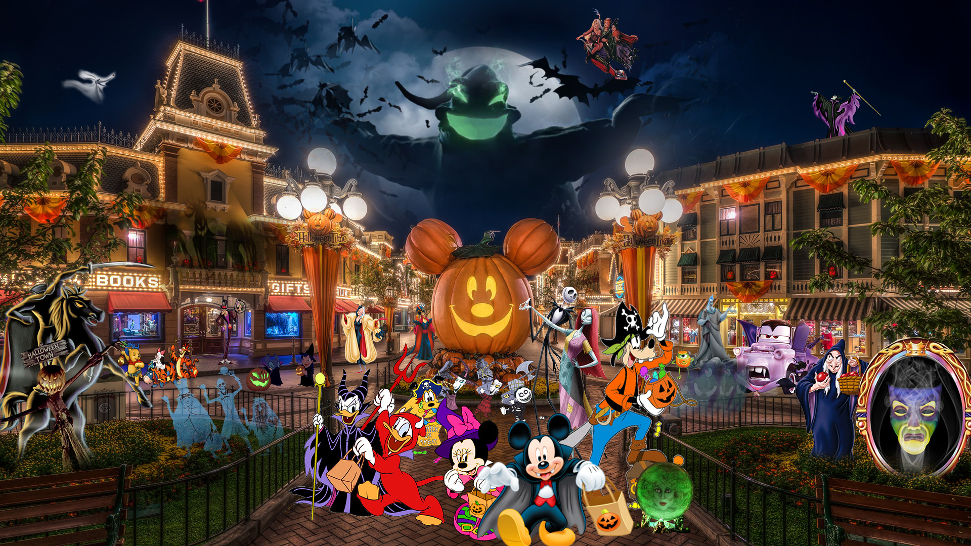 A vibrant Halloween scene at Disneyland, featuring Mickey and friends in costumes, alongside Disney villains and spooky decorations