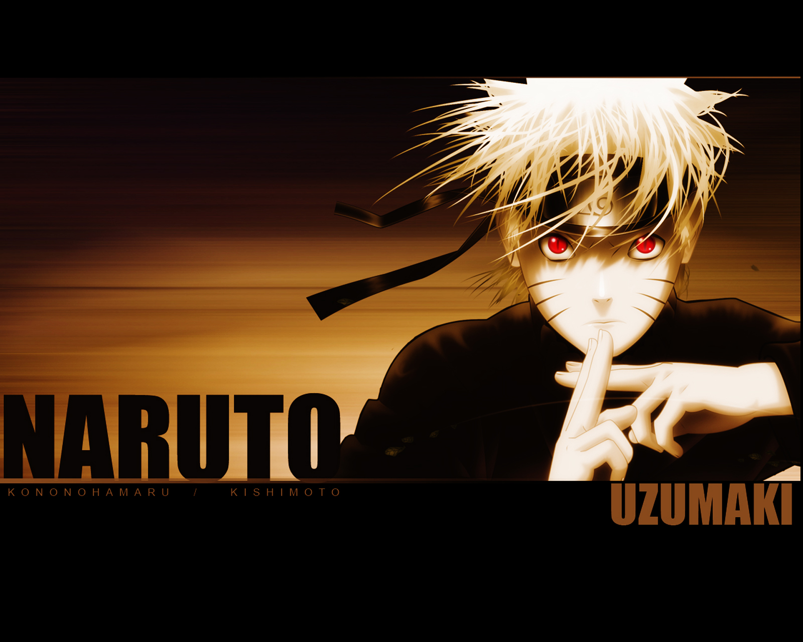 Naruto Uzumaki with his signature red eyes and spiky blonde hair, making a hand sign against a dark backdrop