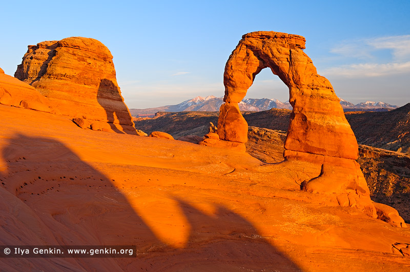 Sunset with background of La Sal Mountains Arches National Park Utah
