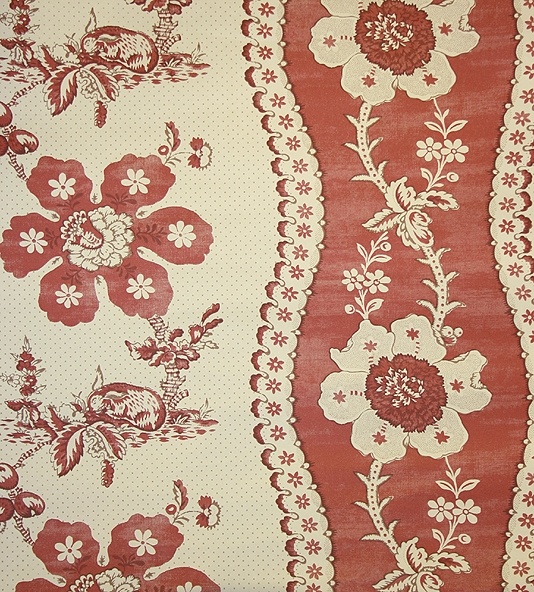 Toile De Lapins Wallpaper Traditional French Floral Mute Red