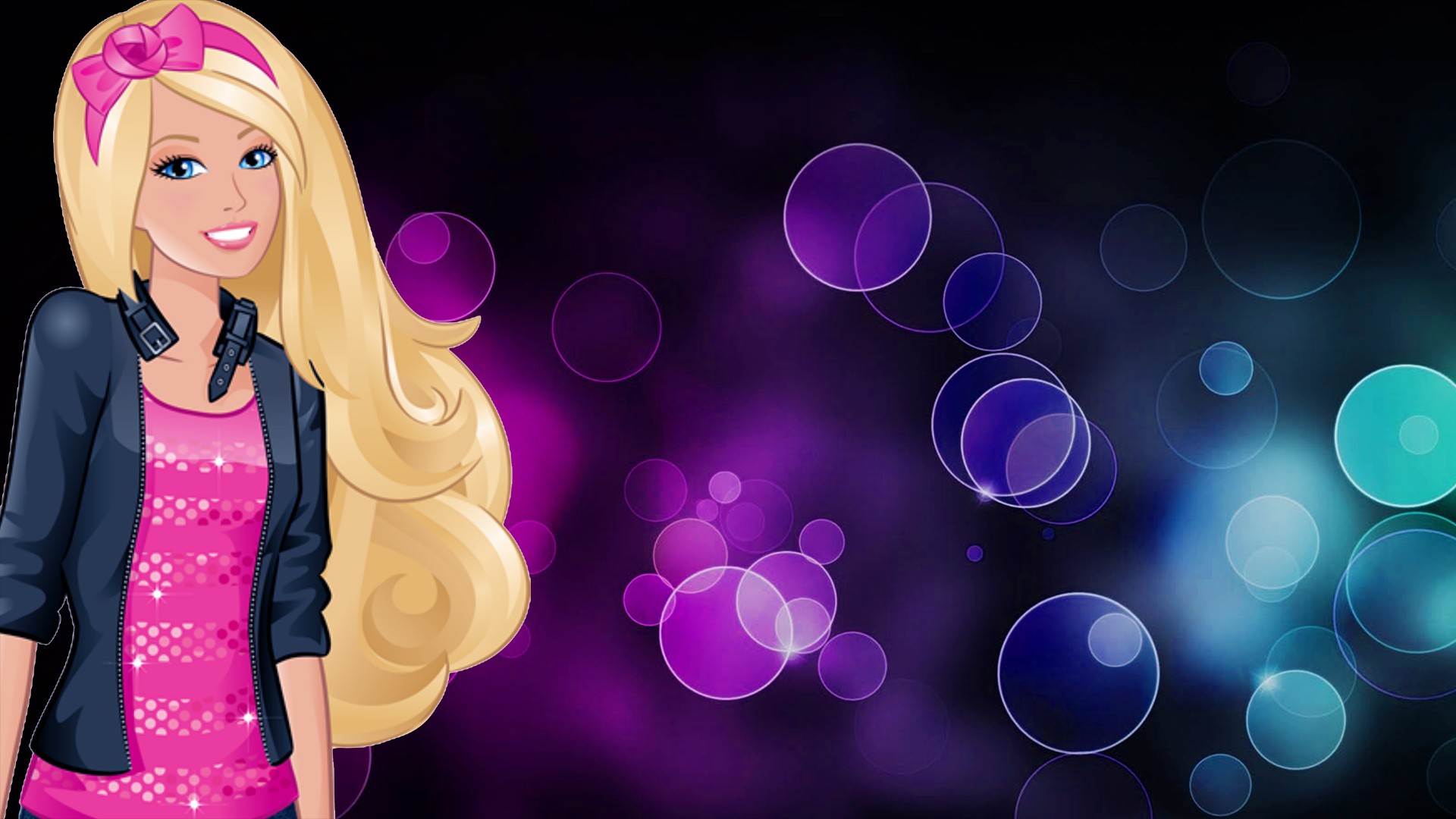 Barbie in a stylish rockstar outfit, featuring a black jacket and a sparkly pink top, set against a vibrant, bokeh-filled background