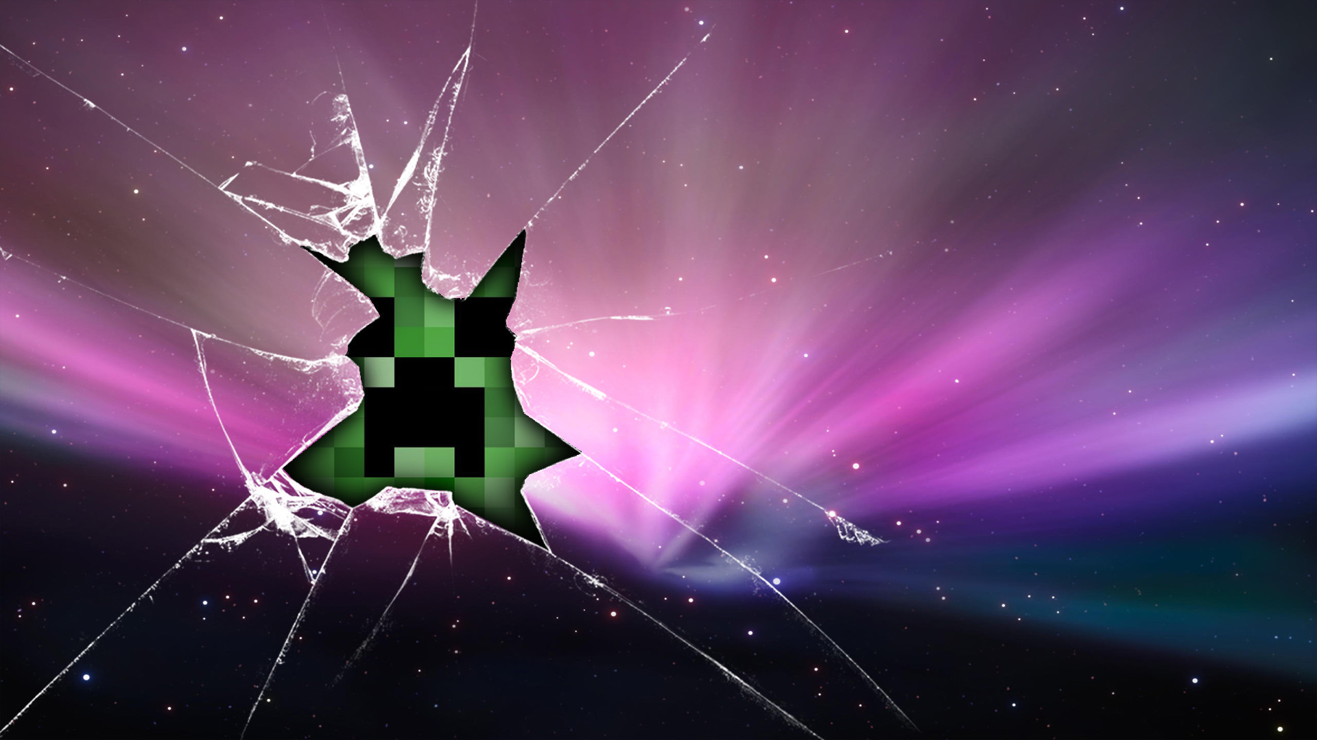 A Minecraft creeper peering through a cracked screen with a purple nebula background, perfect for a Minecraft-themed PC background