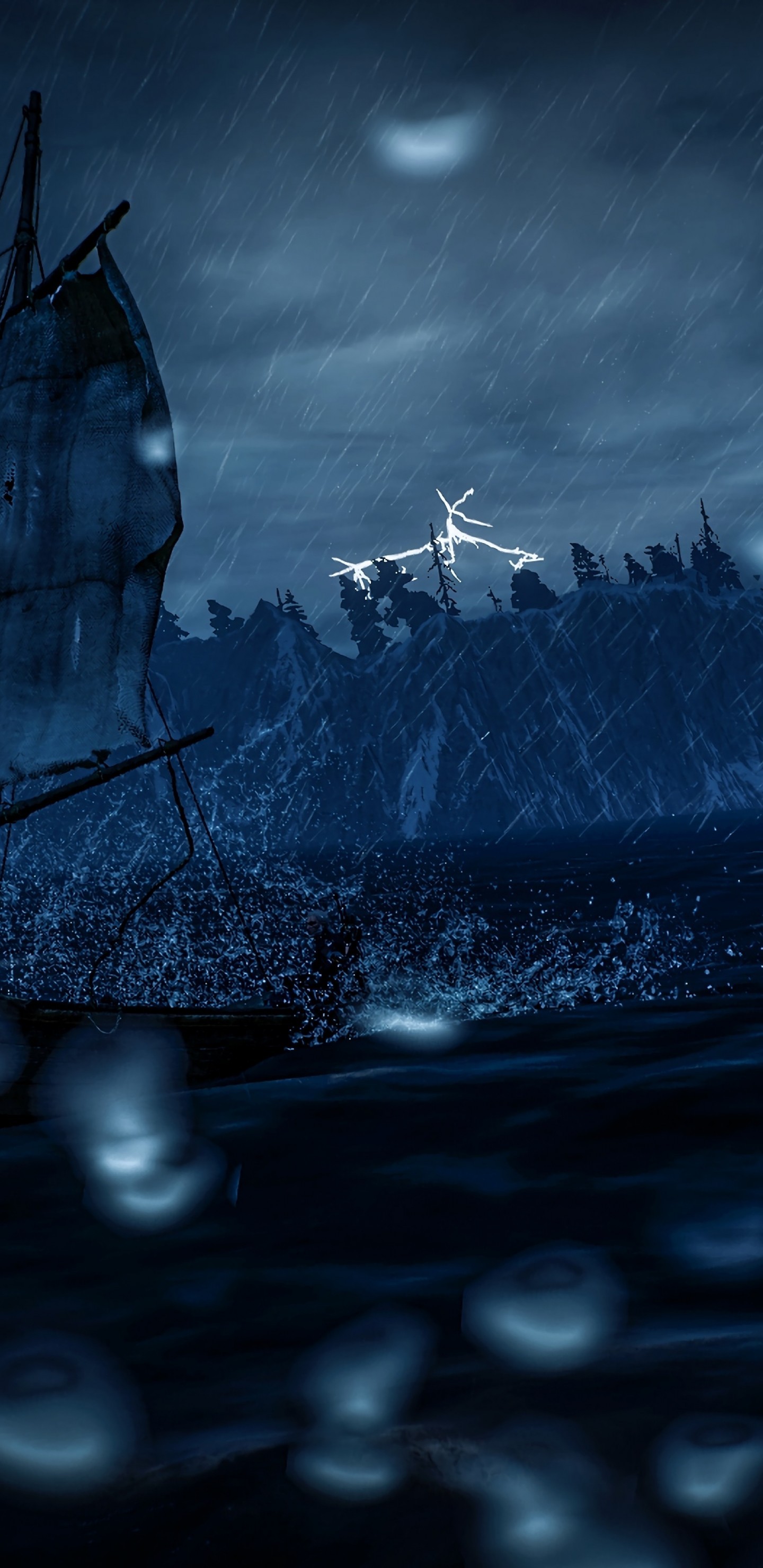 Boat Raining Storm Lightning Wallpaper For