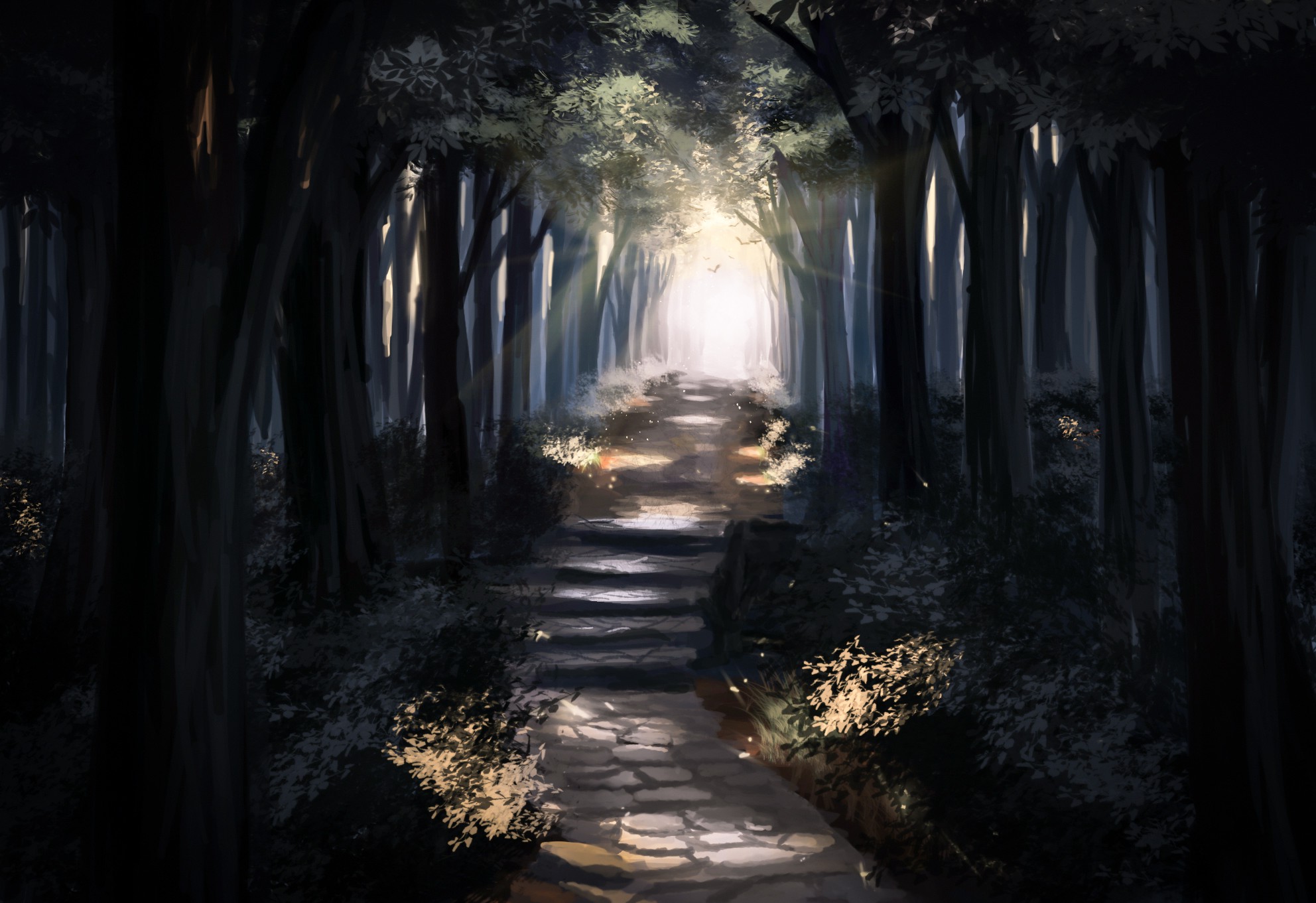 Anime Forest Landscape Trees Path Wallpaper HD