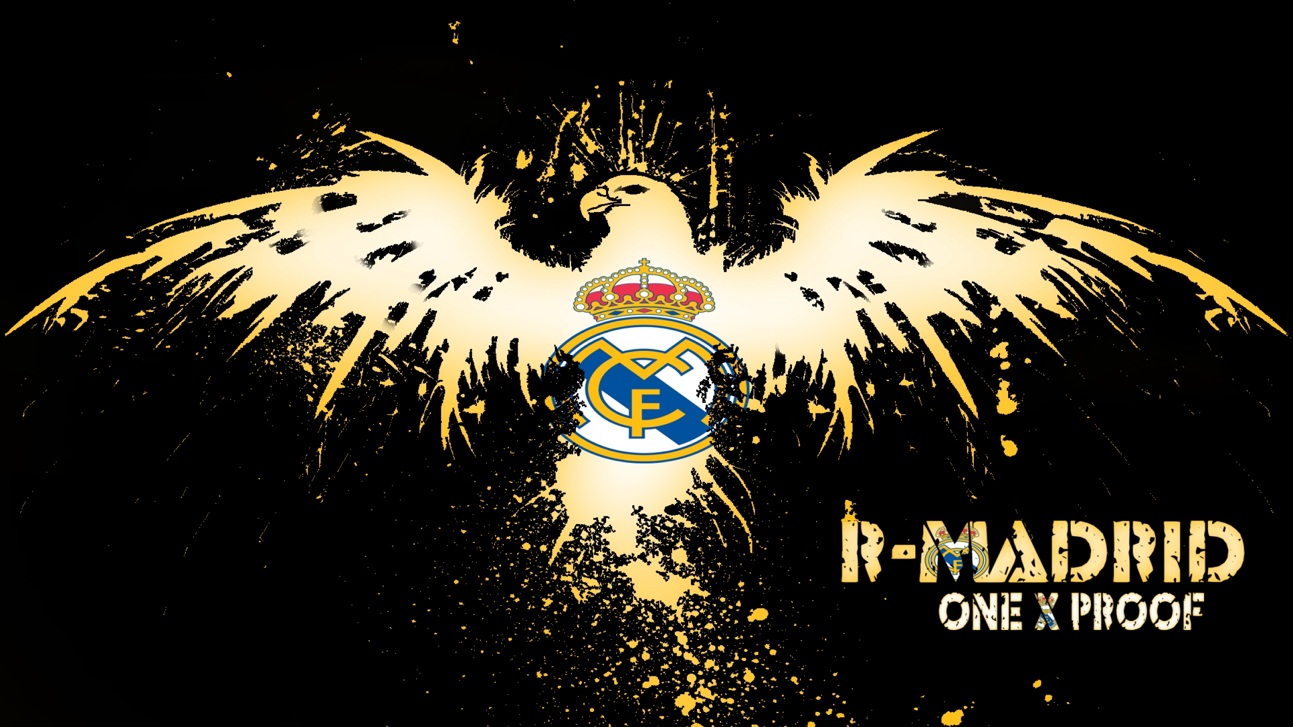 A striking wallpaper featuring a stylized golden eagle with the Real Madrid CF crest on its chest, set against a black background with artistic paint splatters. Perfect for any Real Madrid fan