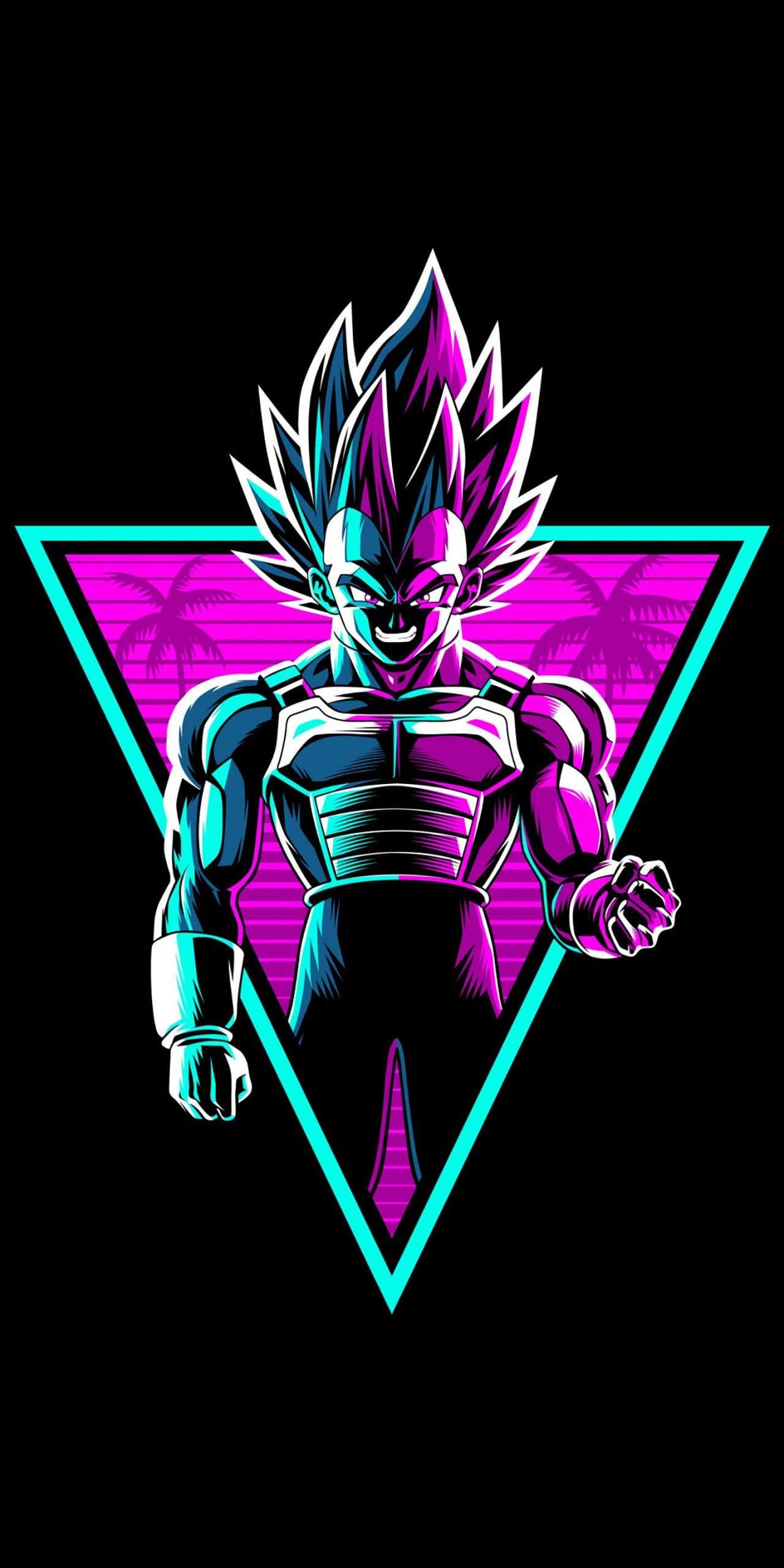 A vibrant, neon-colored graphic of Vegeta, a prominent character from Dragon Ball Z, set against a dark backdrop and framed by a geometric triangle. This stylized image captures Vegeta's intense expression and signature spiky hair
