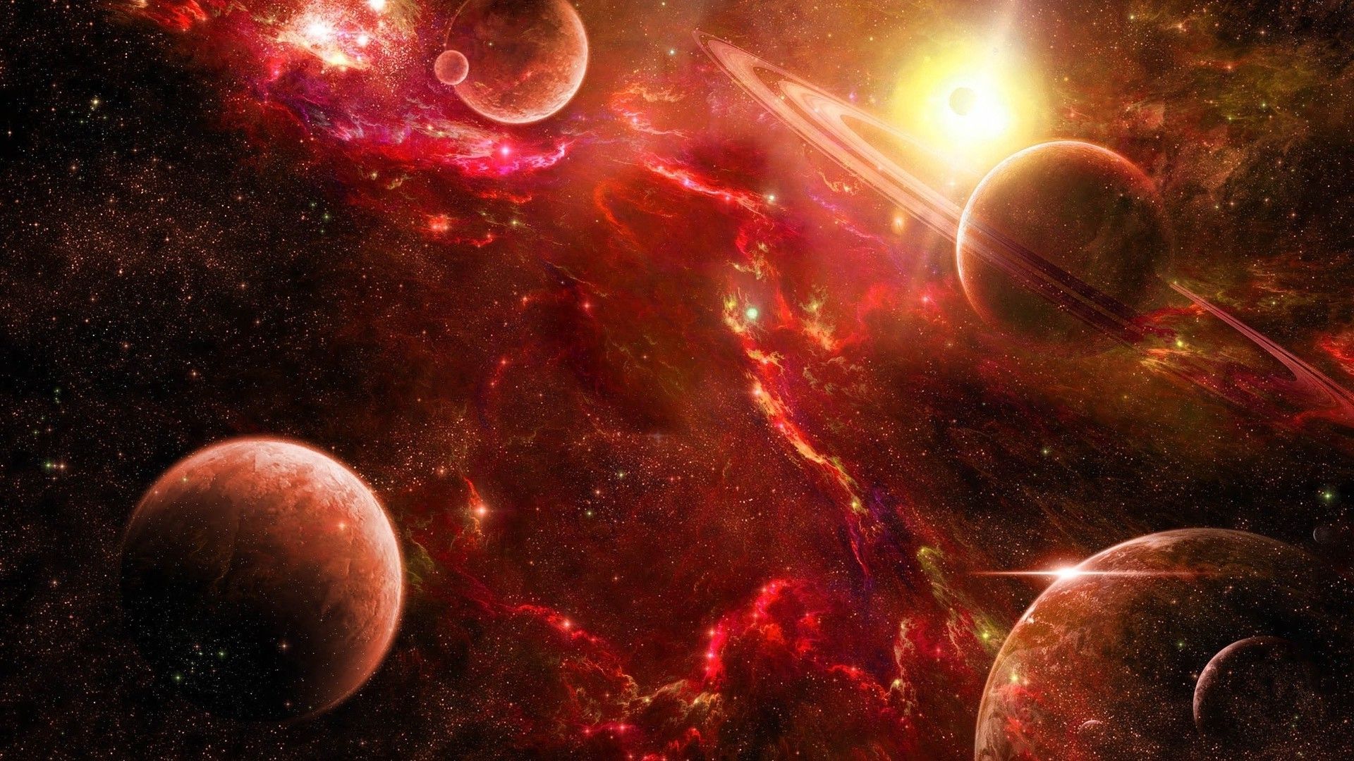 A breathtaking depiction of a vibrant red and orange nebula, adorned with several planets, one notably encircled by rings, and a radiant central star