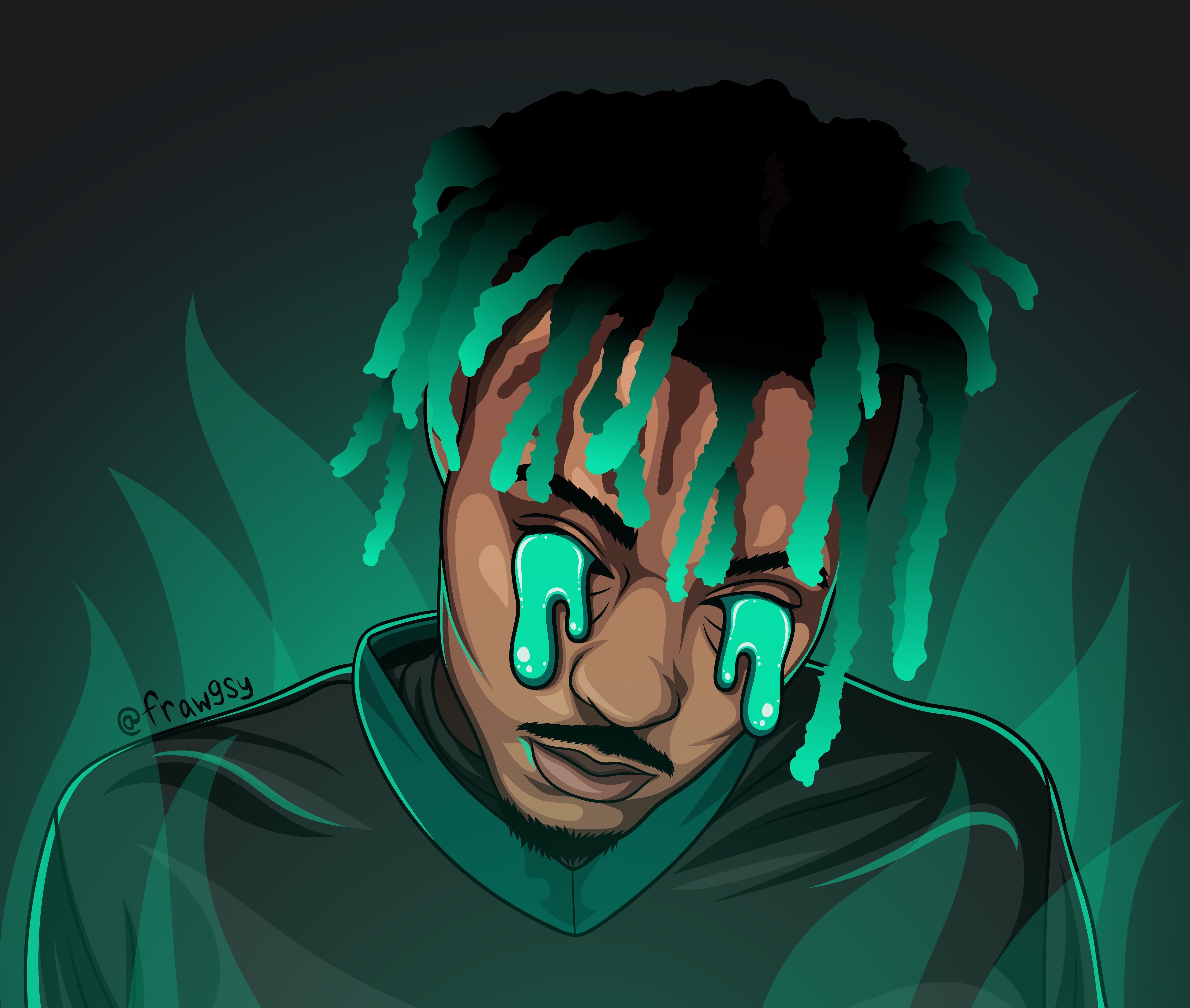 A stylized illustration of Juice WRLD with teal dreads and glowing tears, set against a dark green background with flame-like accents