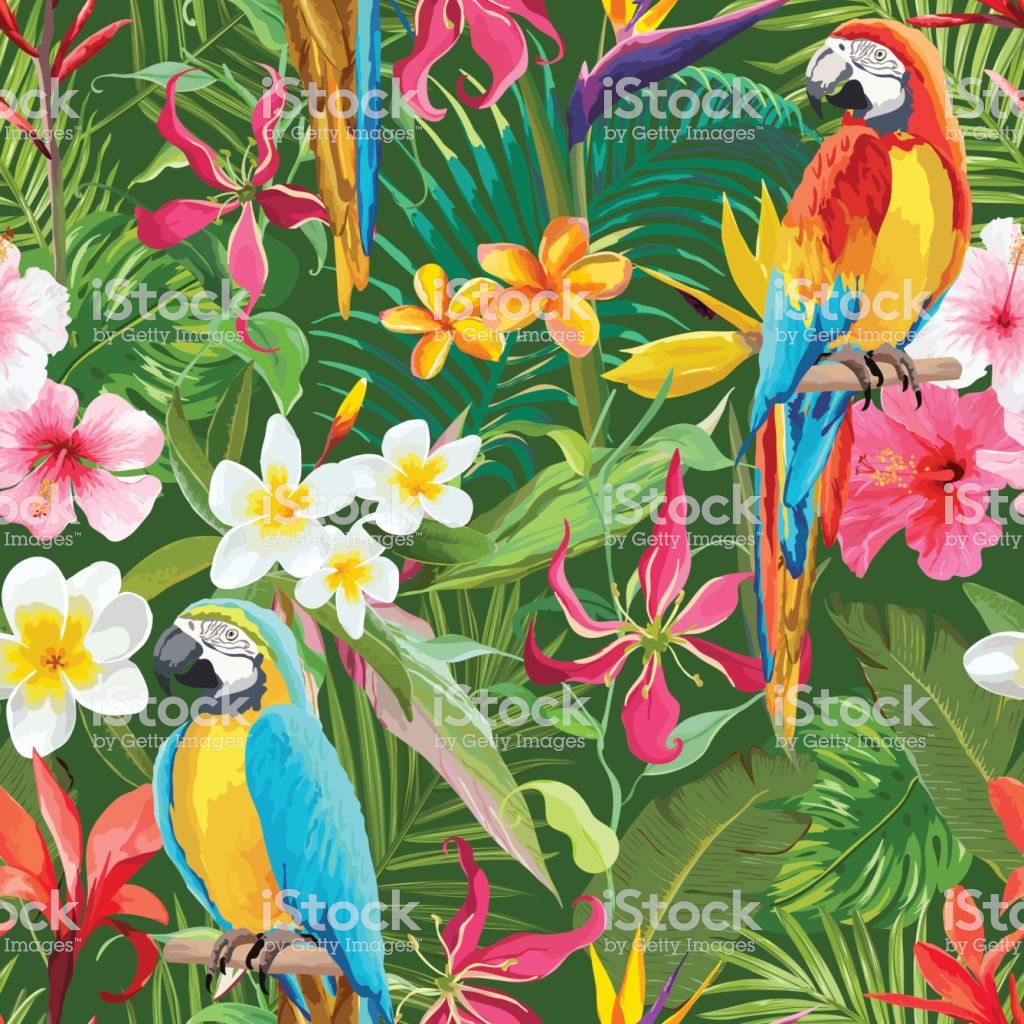 Tropical Flowers And Parrots Seamless Vector Floral Summer Pattern