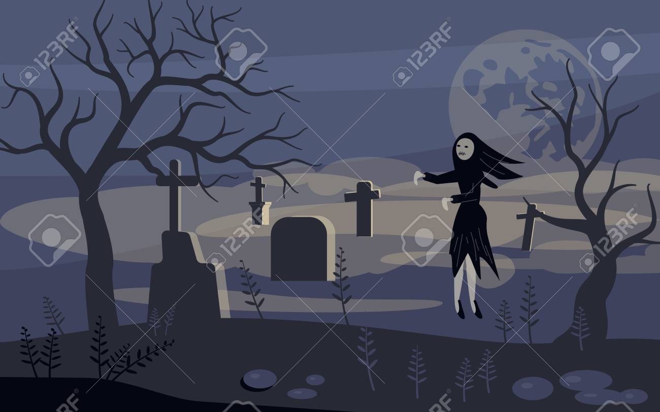 Ghost And Zombie On Scary Halloween Background With Old Cemetery
