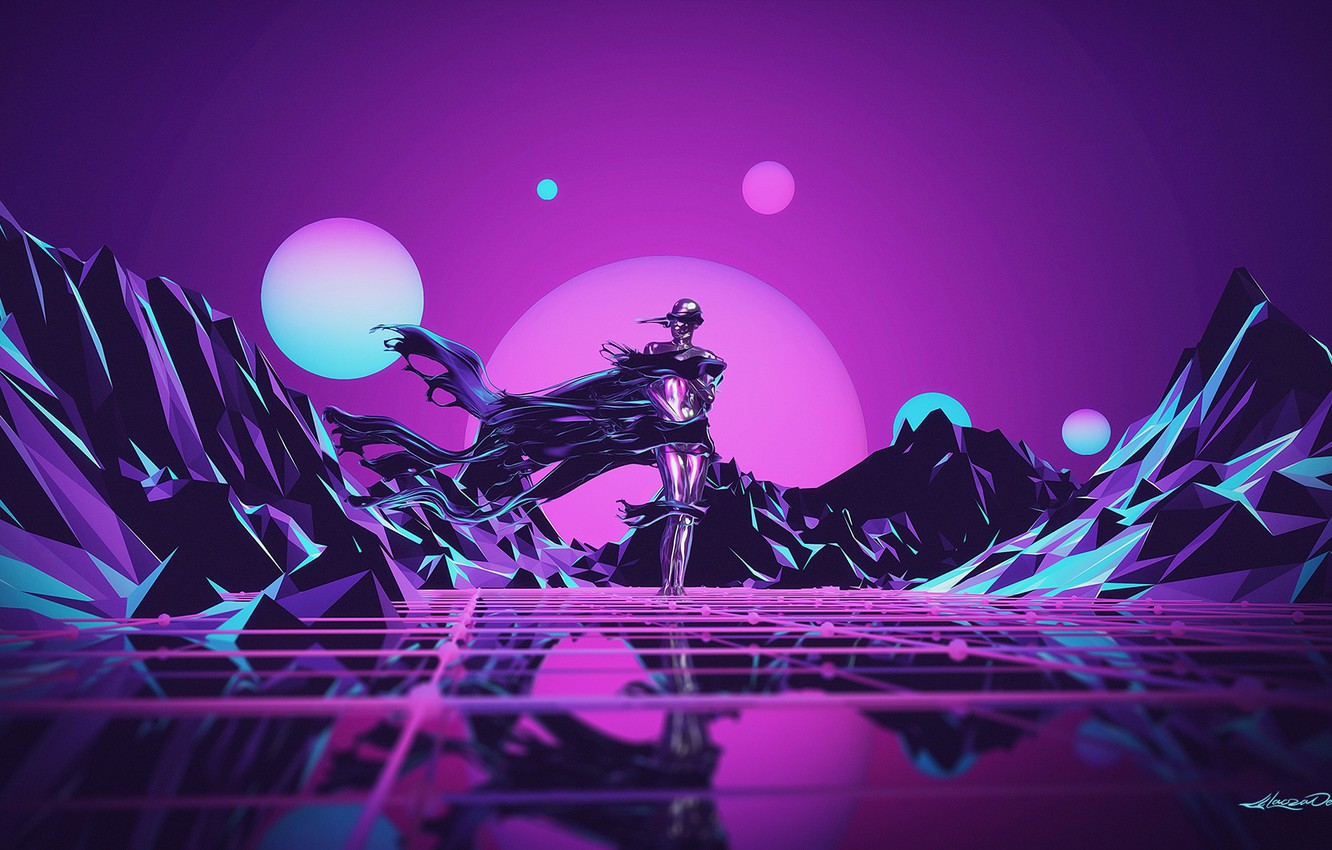 Wallpaper Music Robot Neon People Hills Background Synthpop