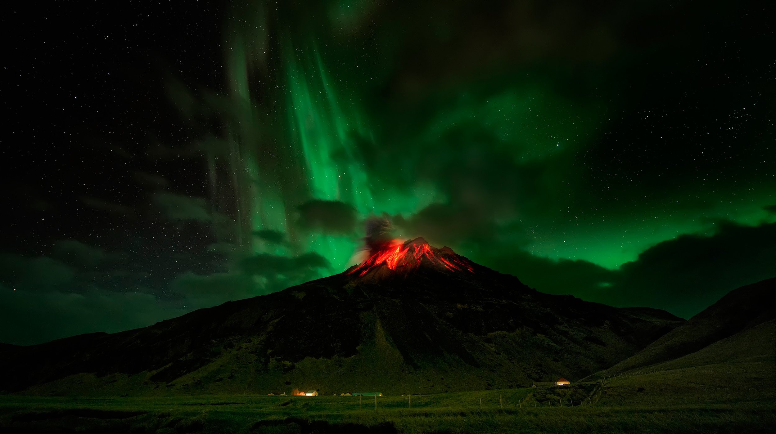 Volcano Northern Lights The Eruption Night Sky Lava Fire