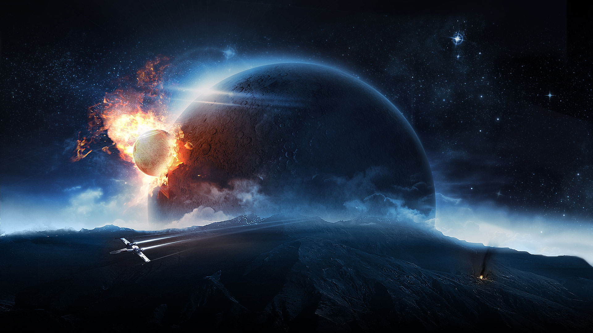 A dramatic space scene depicting a large planet in partial shadow, a smaller celestial body colliding with the planet amidst fiery explosions, a spacecraft navigating the foreground, and a starry backdrop