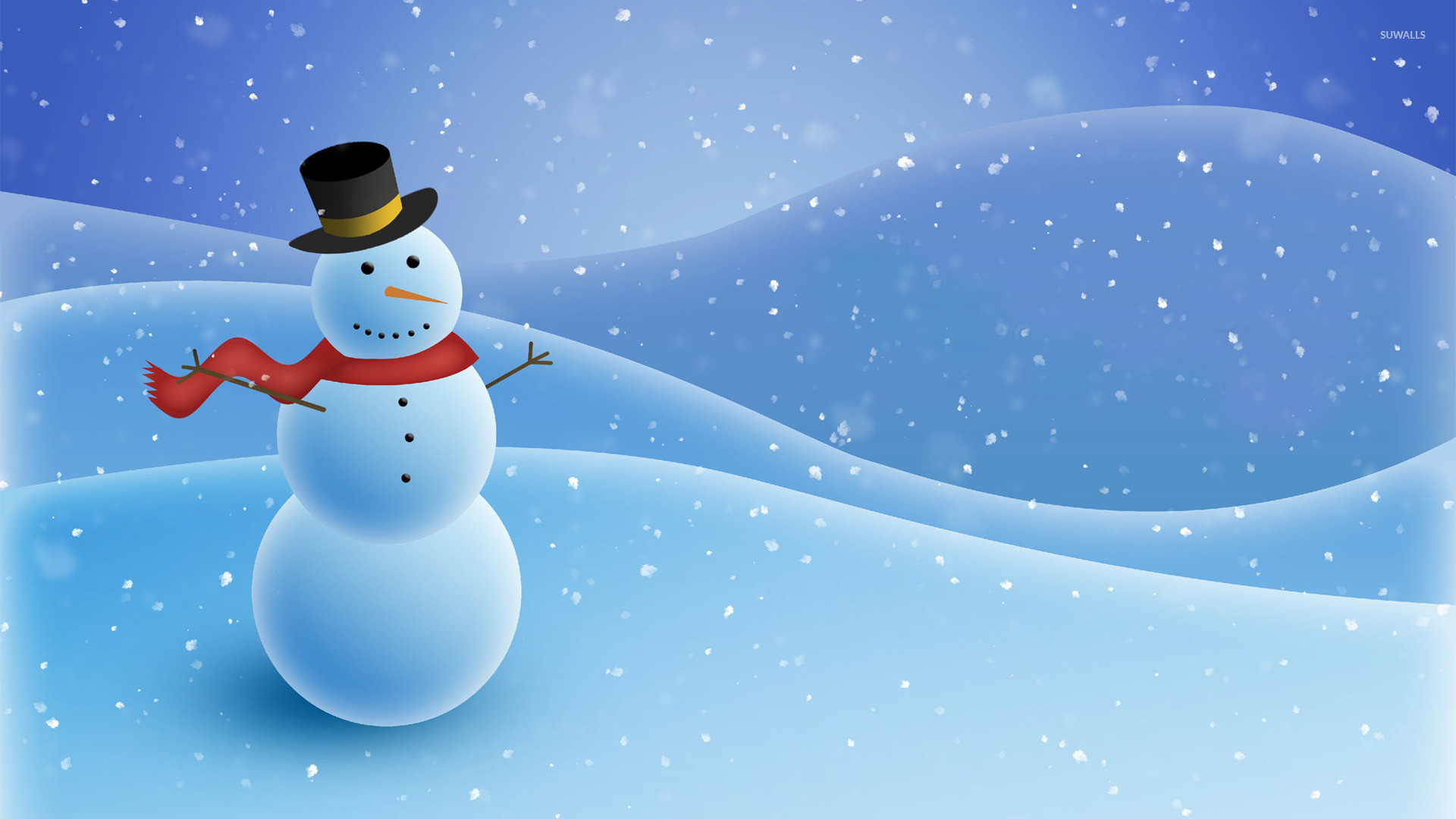 A cheerful snowman with a top hat and red scarf stands in a snowy landscape, light snow falling around it against a gradient blue sky