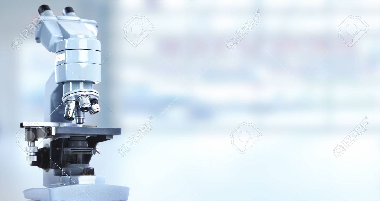 Scientific Microscope In Laboratory Health Care Background Stock