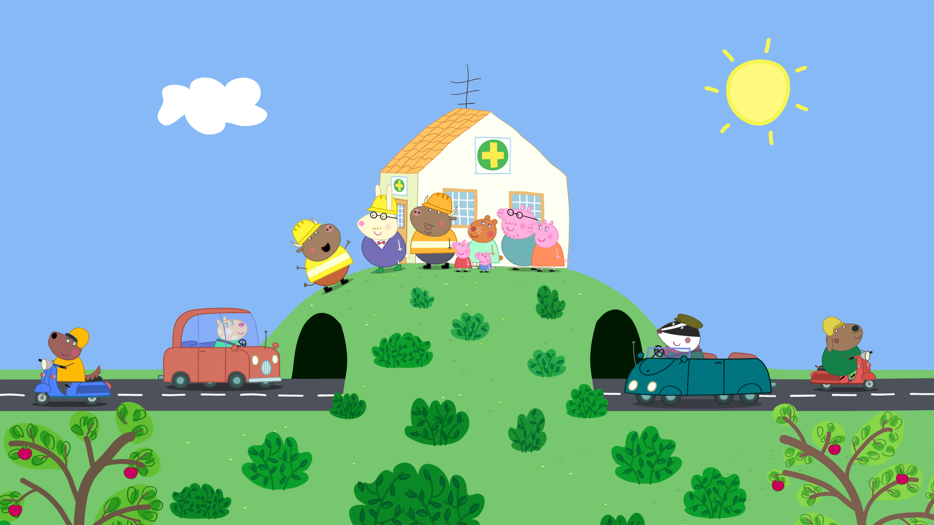 Peppa Pig and her family standing in front of their house on a sunny day with friends driving by