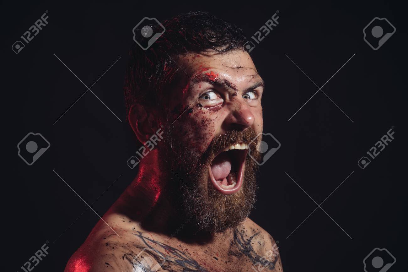 Hipster With Beard Mustache Shout Horror On Black Background