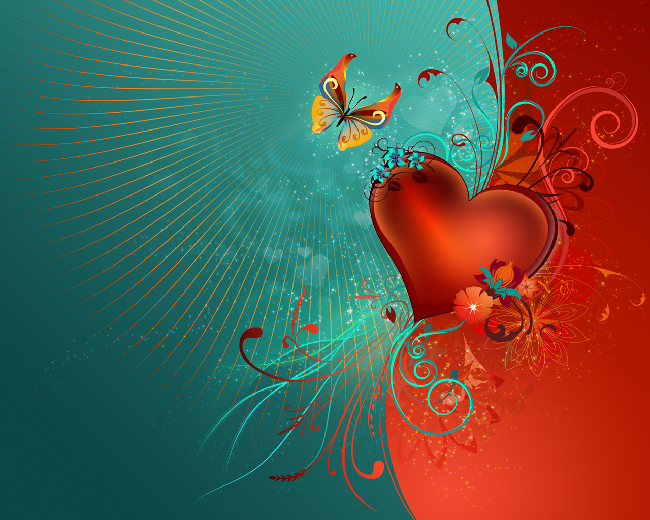 A vibrant illustration of a heart, adorned with floral designs and a butterfly, set against a teal and red split background, ideal for Valentine's Day or romantic settings