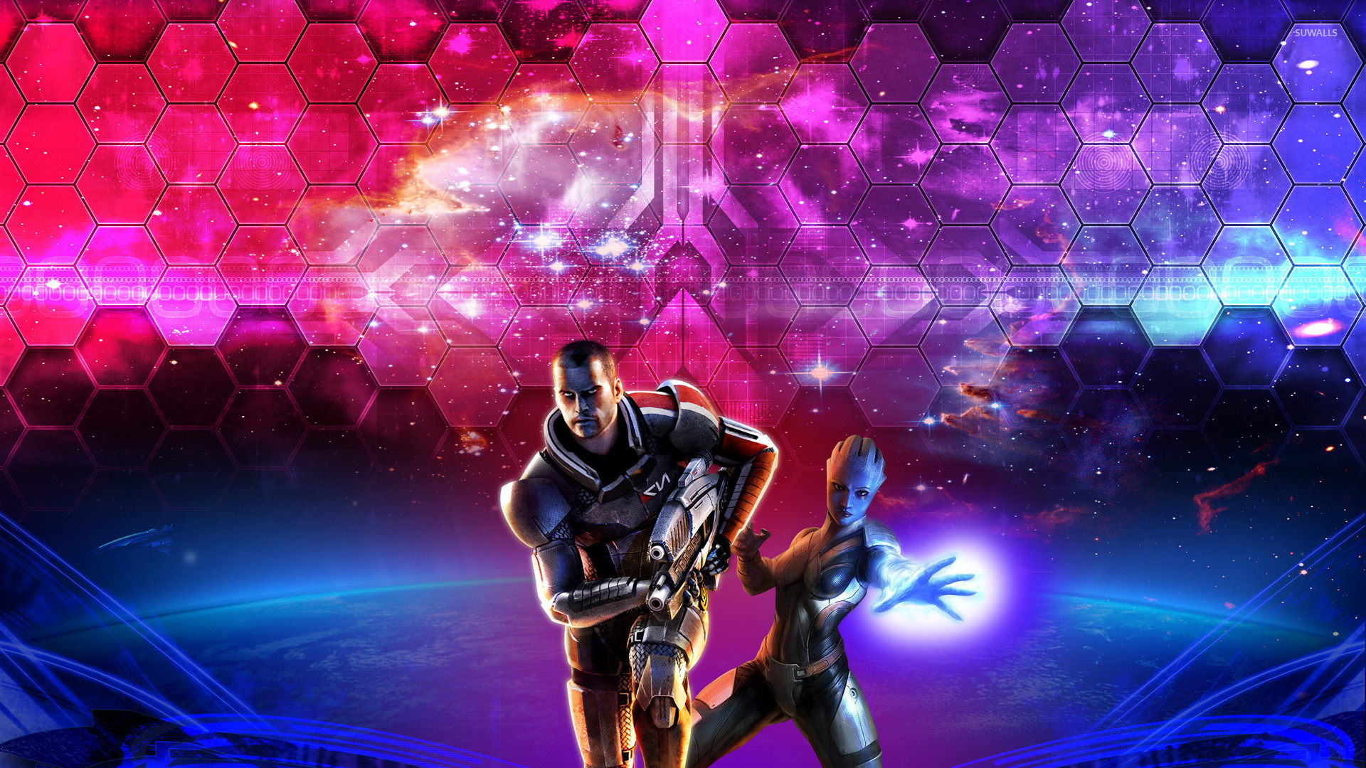 Liara T Soni And Mander Shepard Mass Effect Wallpaper