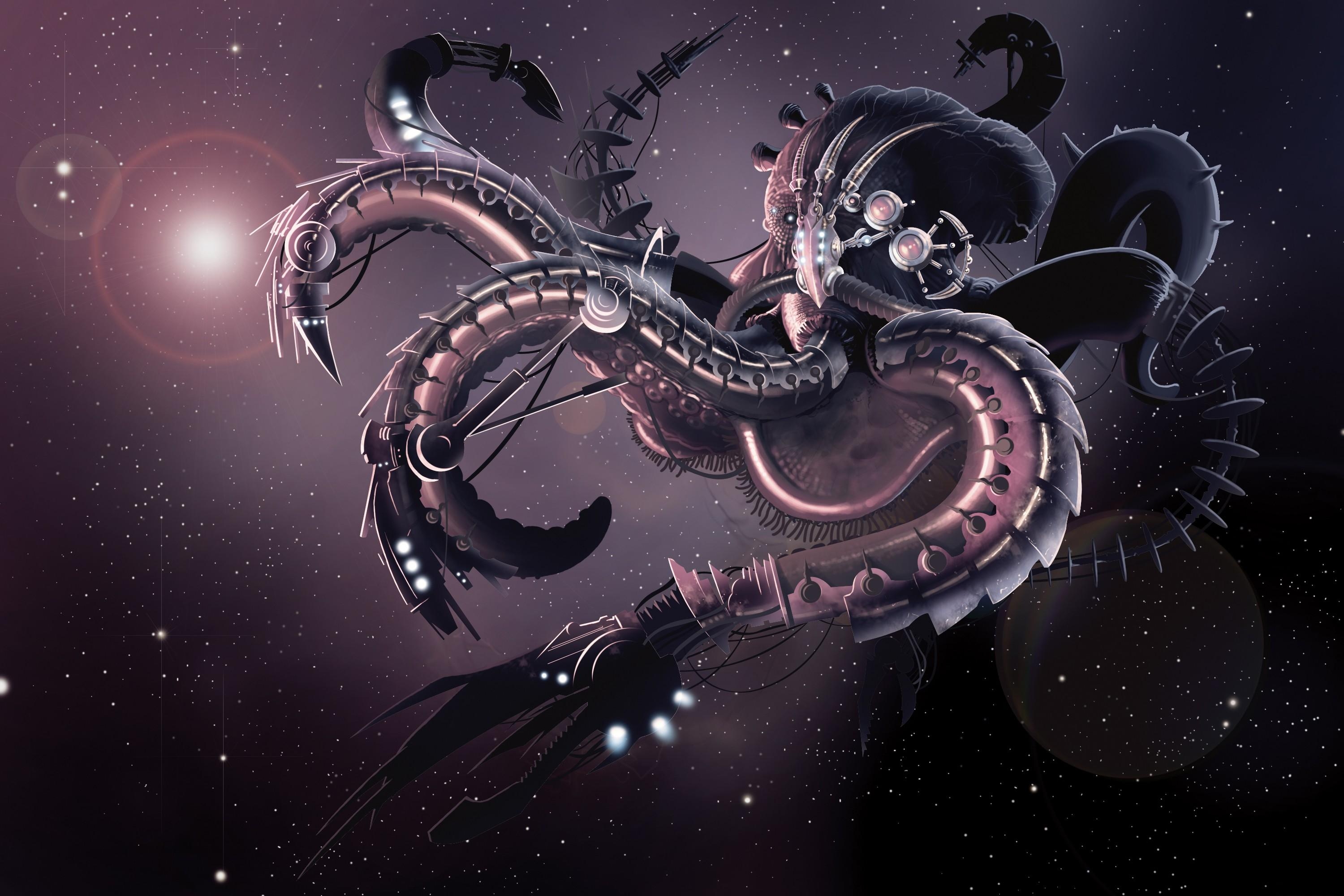 Creature Octopus Robot Tentacles Space Stars Stock Photos