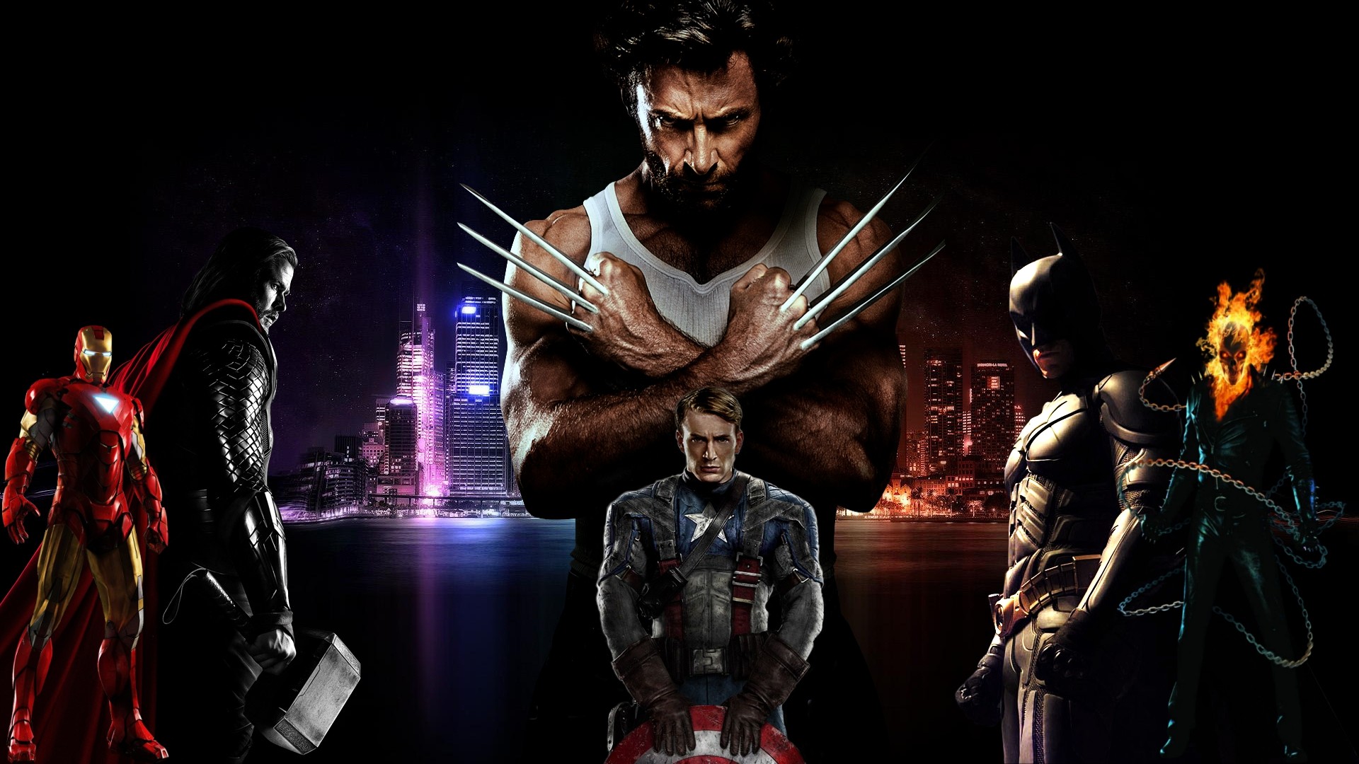A composite image featuring popular Marvel and DC superheroes including Iron Man, Thor, Wolverine, Captain America, Batman, and Ghost Rider against a backdrop of a cityscape