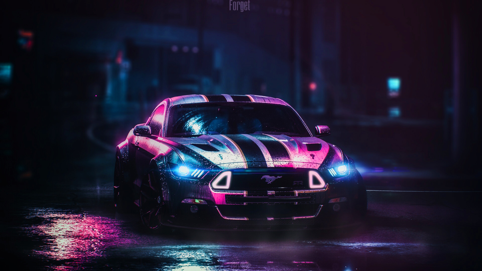 A vibrant, neon-lit Ford Mustang sports car parked on a rain-slicked street at night. The car features bold pink and purple stripes, glowing headlights, and a wet, reflective surface, giving it a futuristic and stylish look
