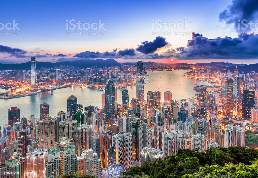 Hong Kong City From Peak At Sunrise Stock Photo