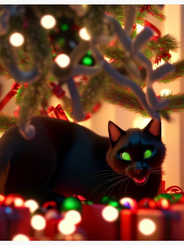 Santa Black Cat Tangled Up In Christmas Tree Lights Holiday