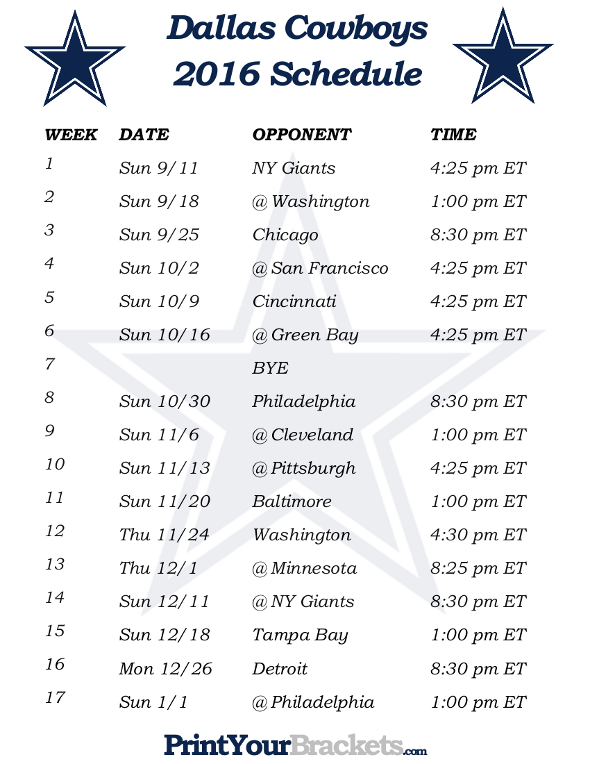 Printable Dallas Cowboys Schedule Football Season