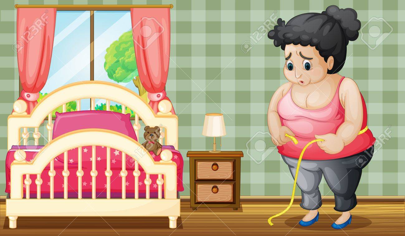 Illustration Of A Sad Fat Lady Inside Her Bedroom Royalty