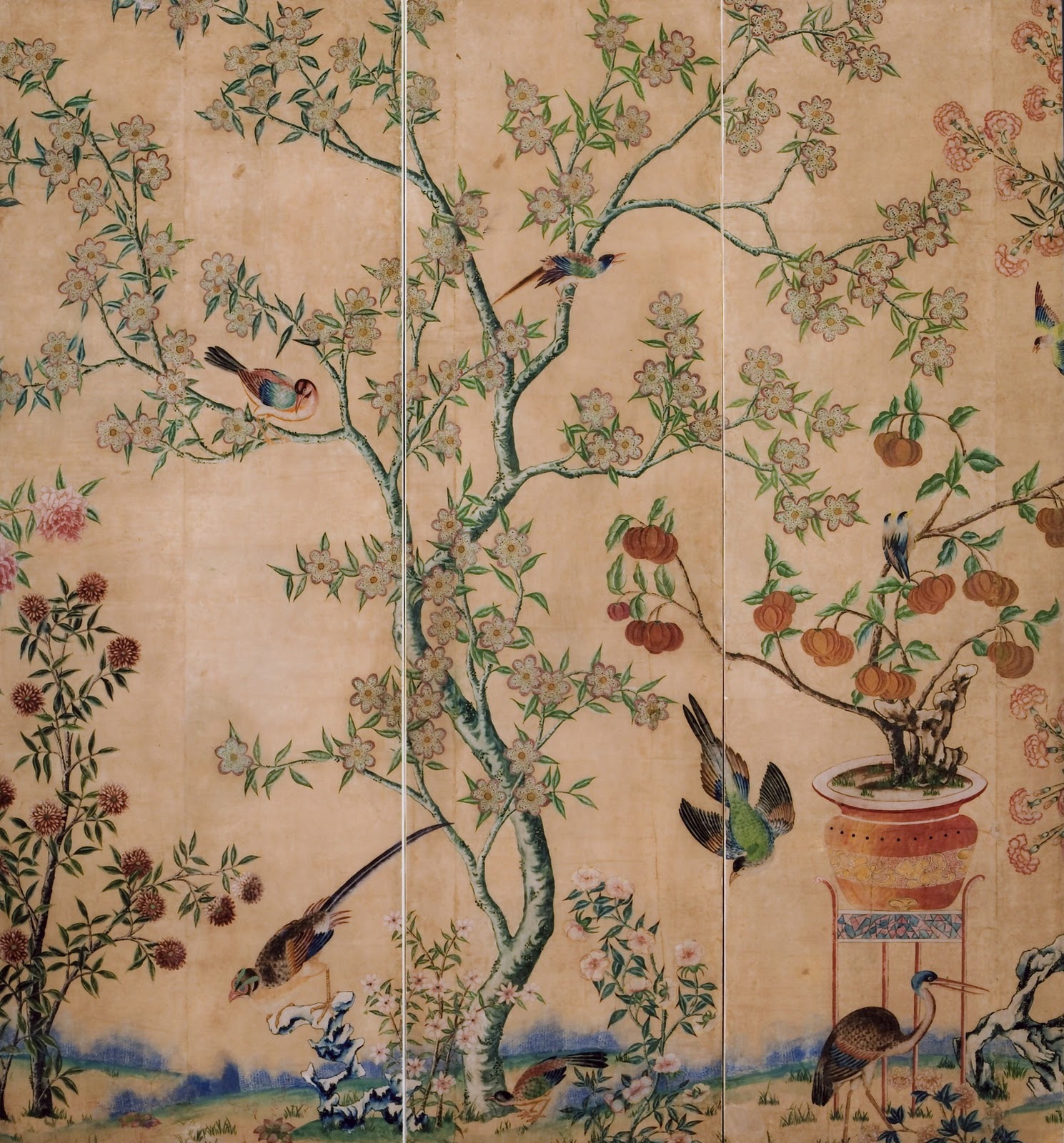 Detail Chinese Painted Wallpaper Formerly Hung In Colonial