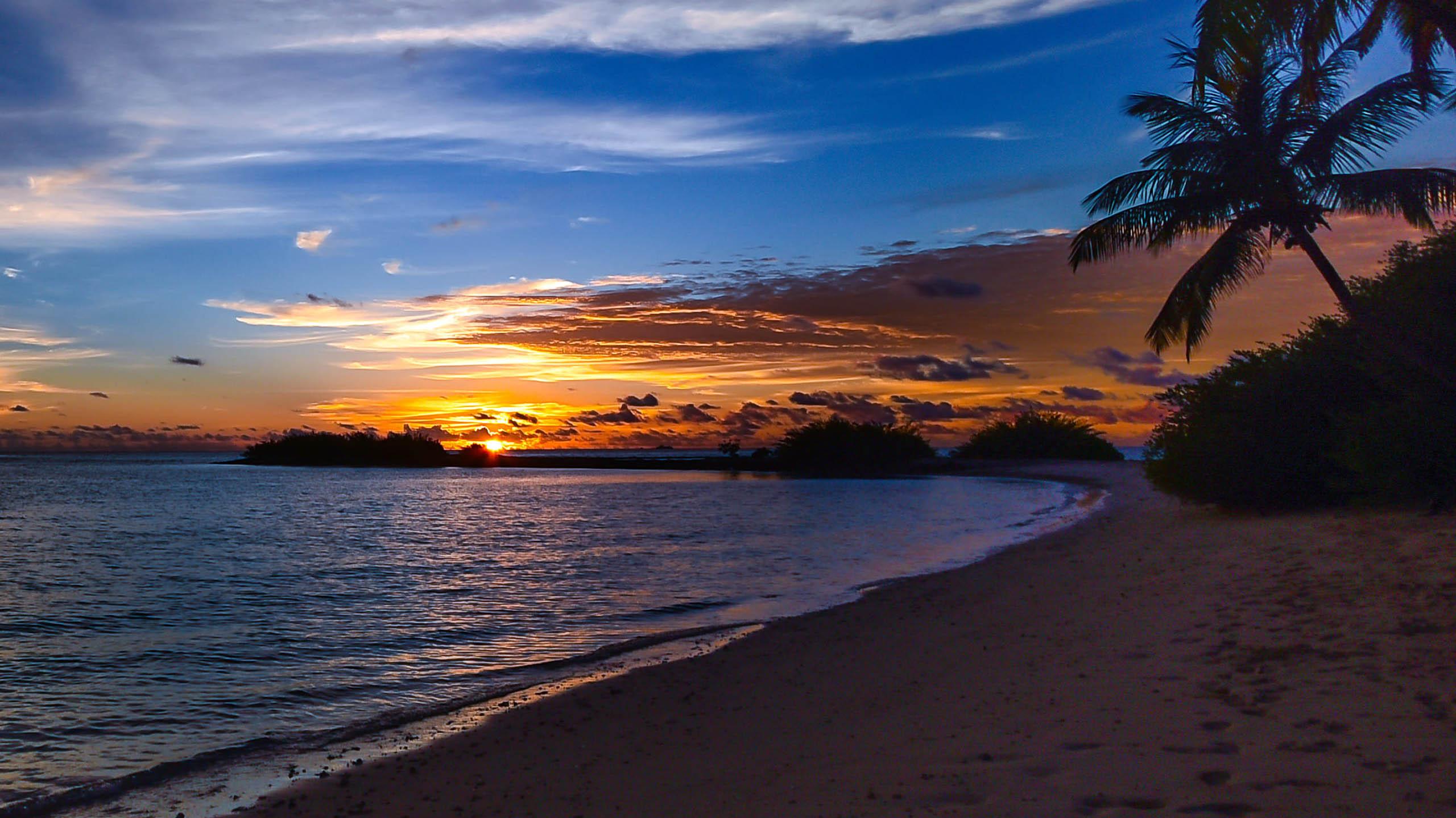 Sunset Sandy Beach Ocean Palm Orange Sky Clouds 4k Ultra HD