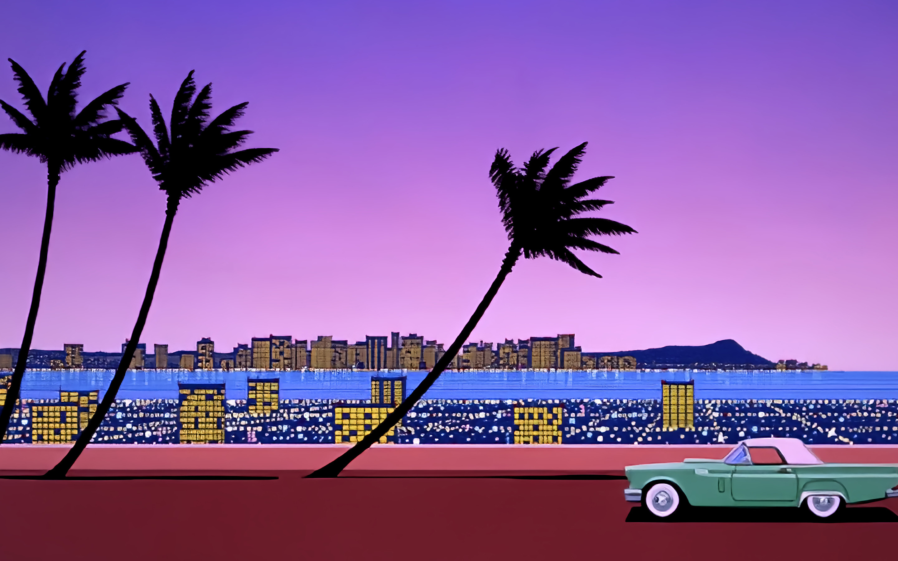 A retro-styled image of a turquoise convertible driving along a coastal road at sunset. The backdrop features silhouetted palm trees, a cityscape reflecting in the water, and a distant island. The overall aesthetic is reminiscent of 1980s computer graphics