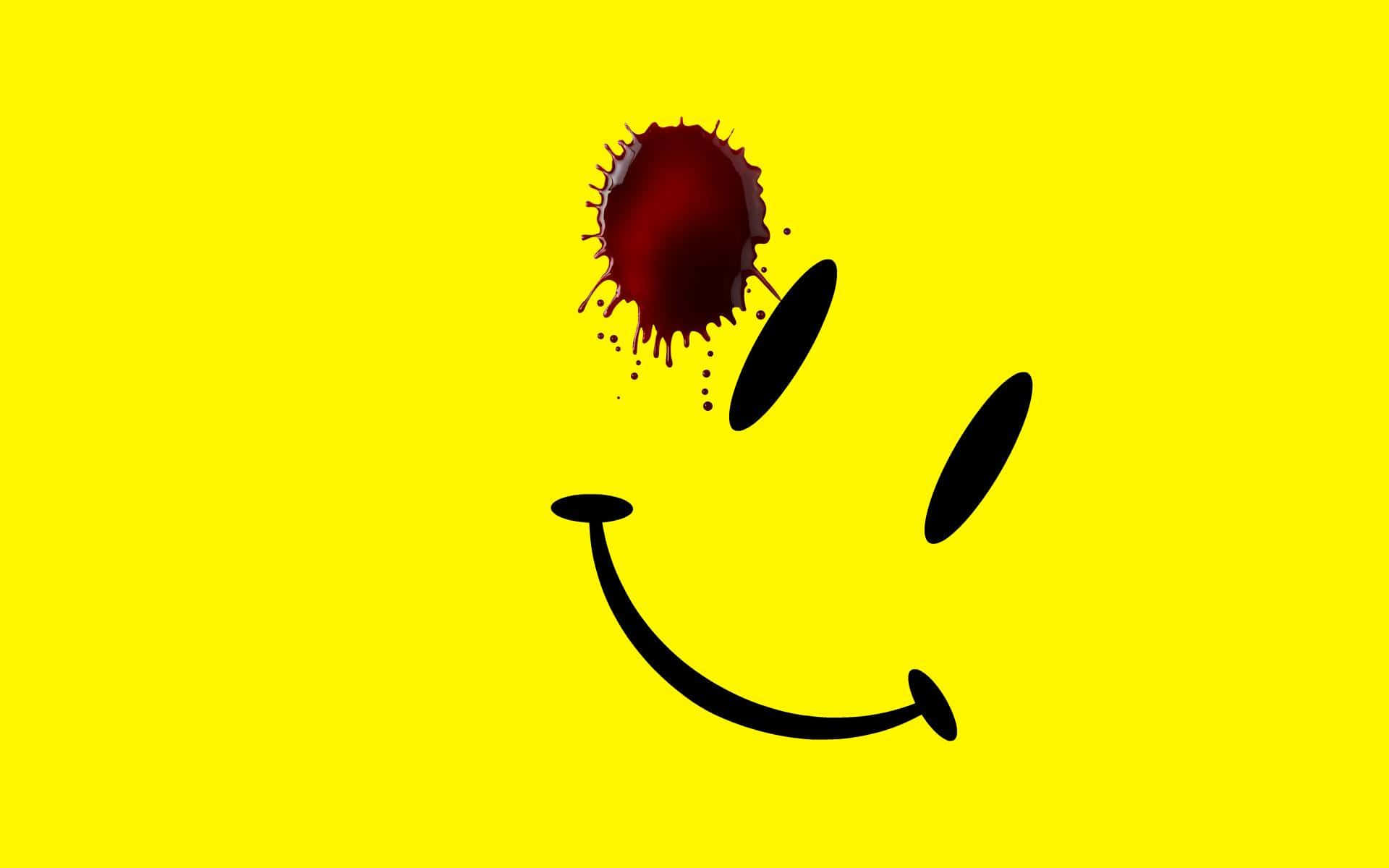 A minimalist smiley face with a blood splatter, reminiscent of the Watchmen comic book