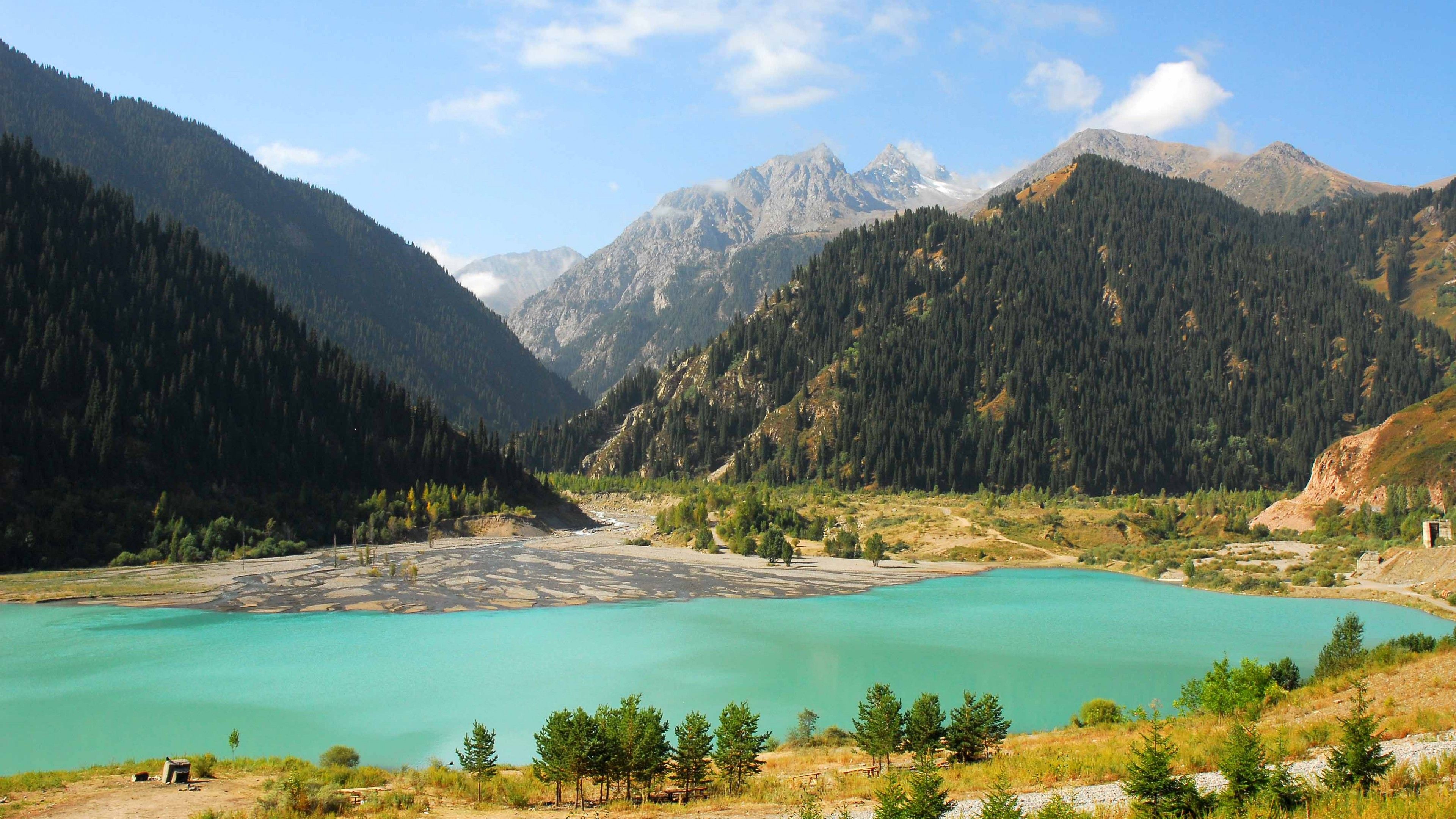 Lake Issyk Kul Kyrgyzstan Mountains Forest 4k