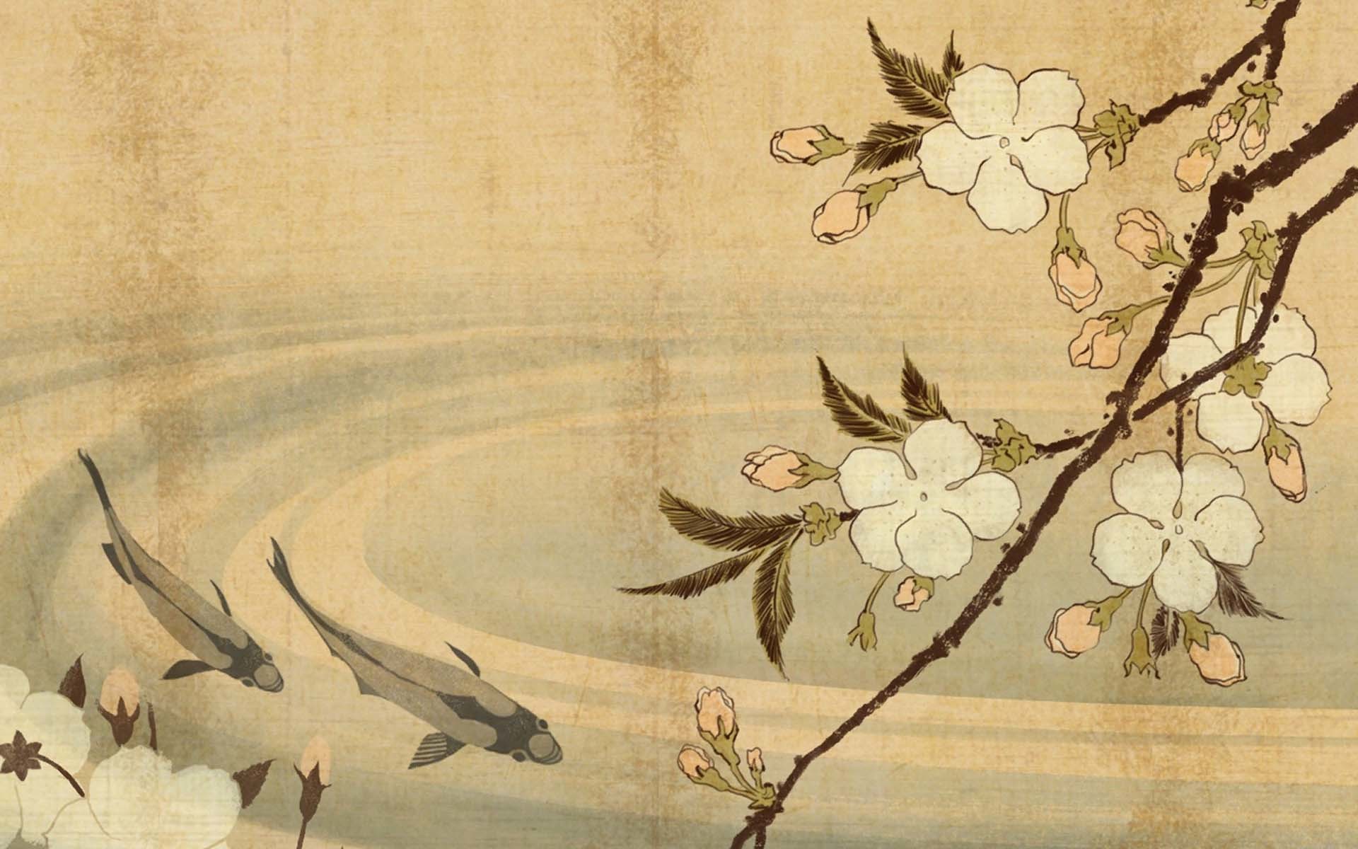 Two koi fish swim beneath a blossoming cherry tree branch in this vintage-style Japanese wallpaper design