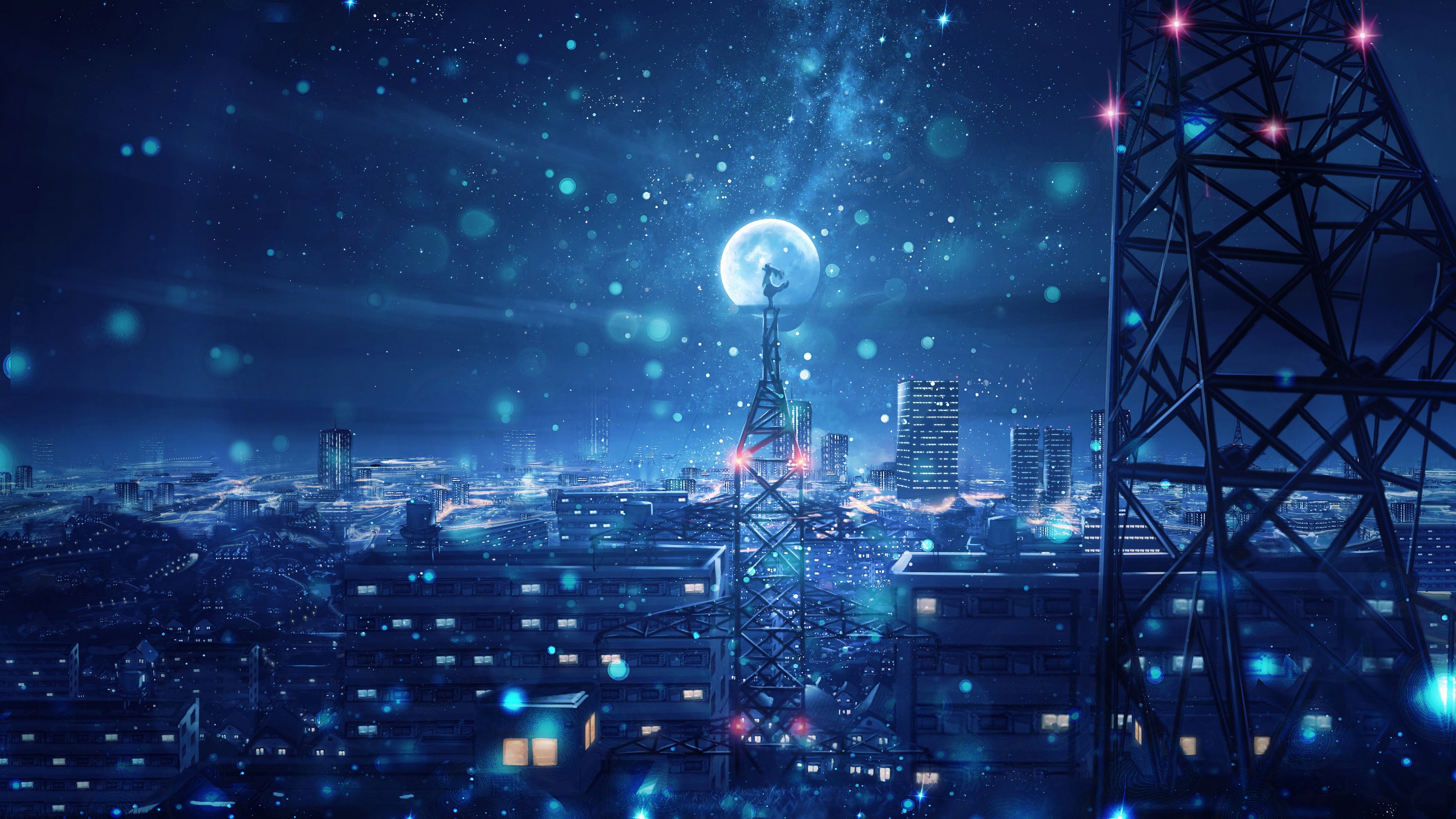 Wallpaper 4k Blue Night Big Moon Anime Scenery