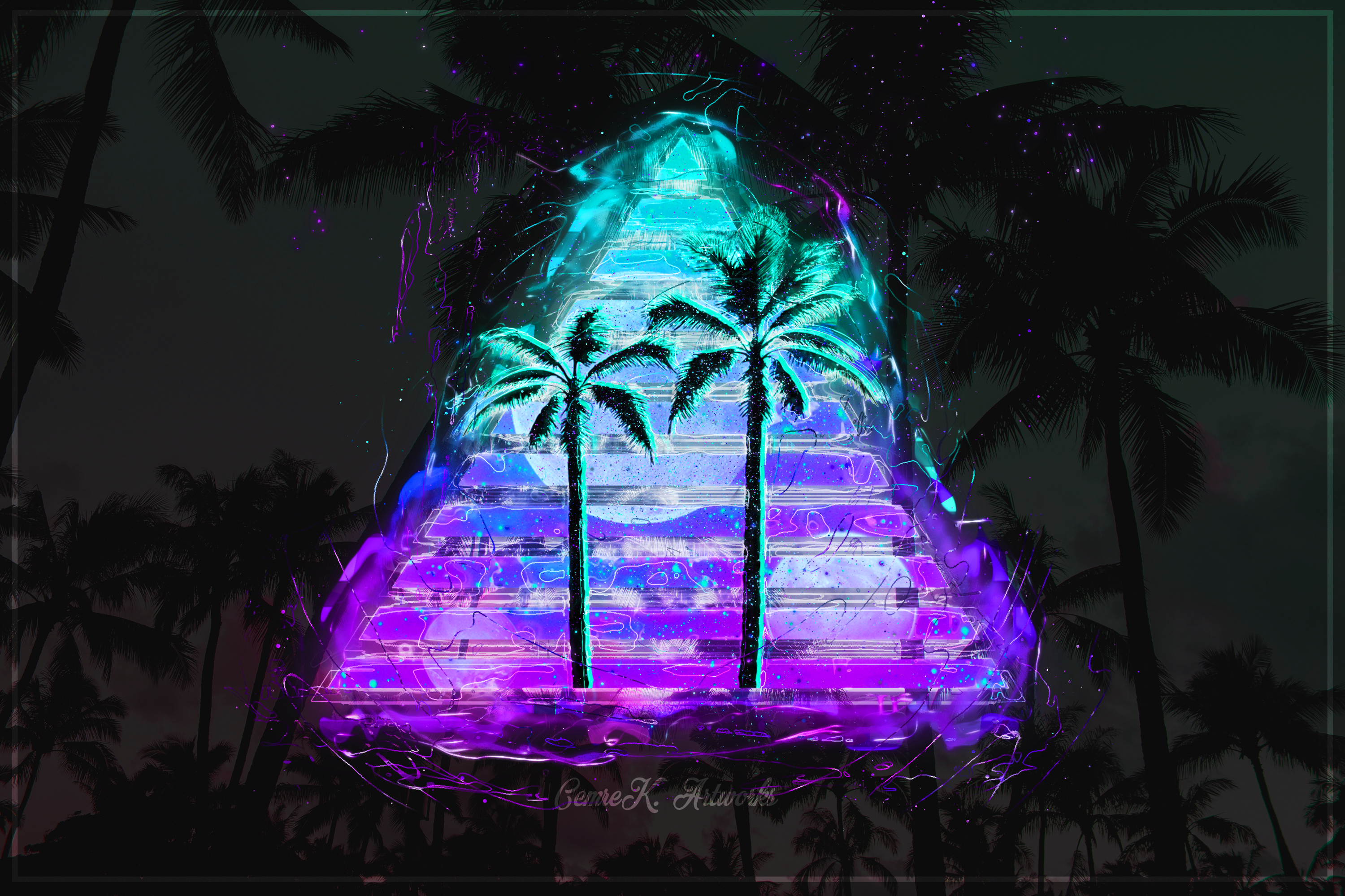 Vaporwave Cyan Purple Abstract Artwork Palm Trees