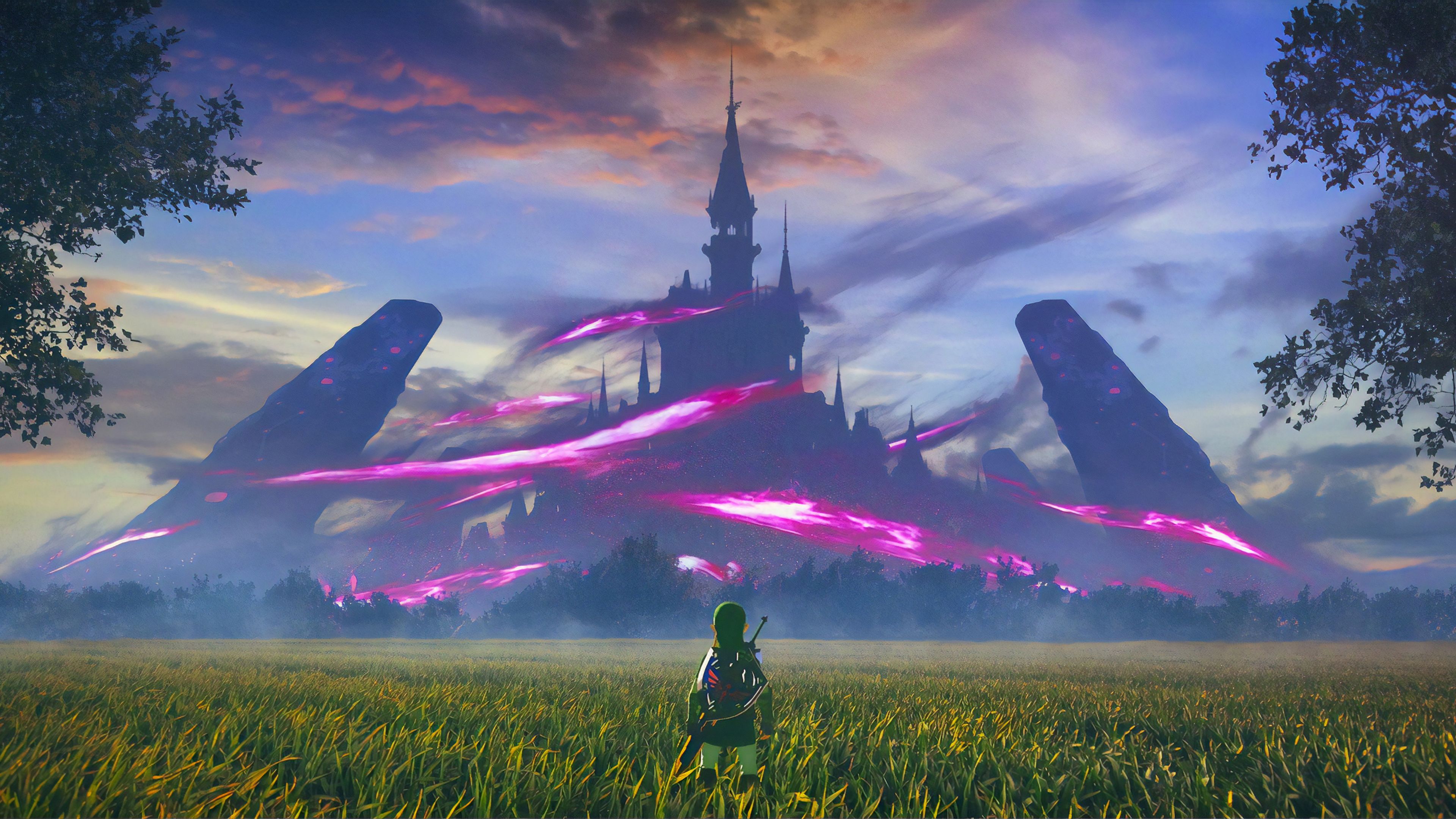 Link stands in a field of tall grass, gazing towards Hyrule Castle, which is shrouded in a purple, ominous glow and flanked by towering, dark structures.  This evokes a sense of impending doom and adventure in the Legend of Zelda universe