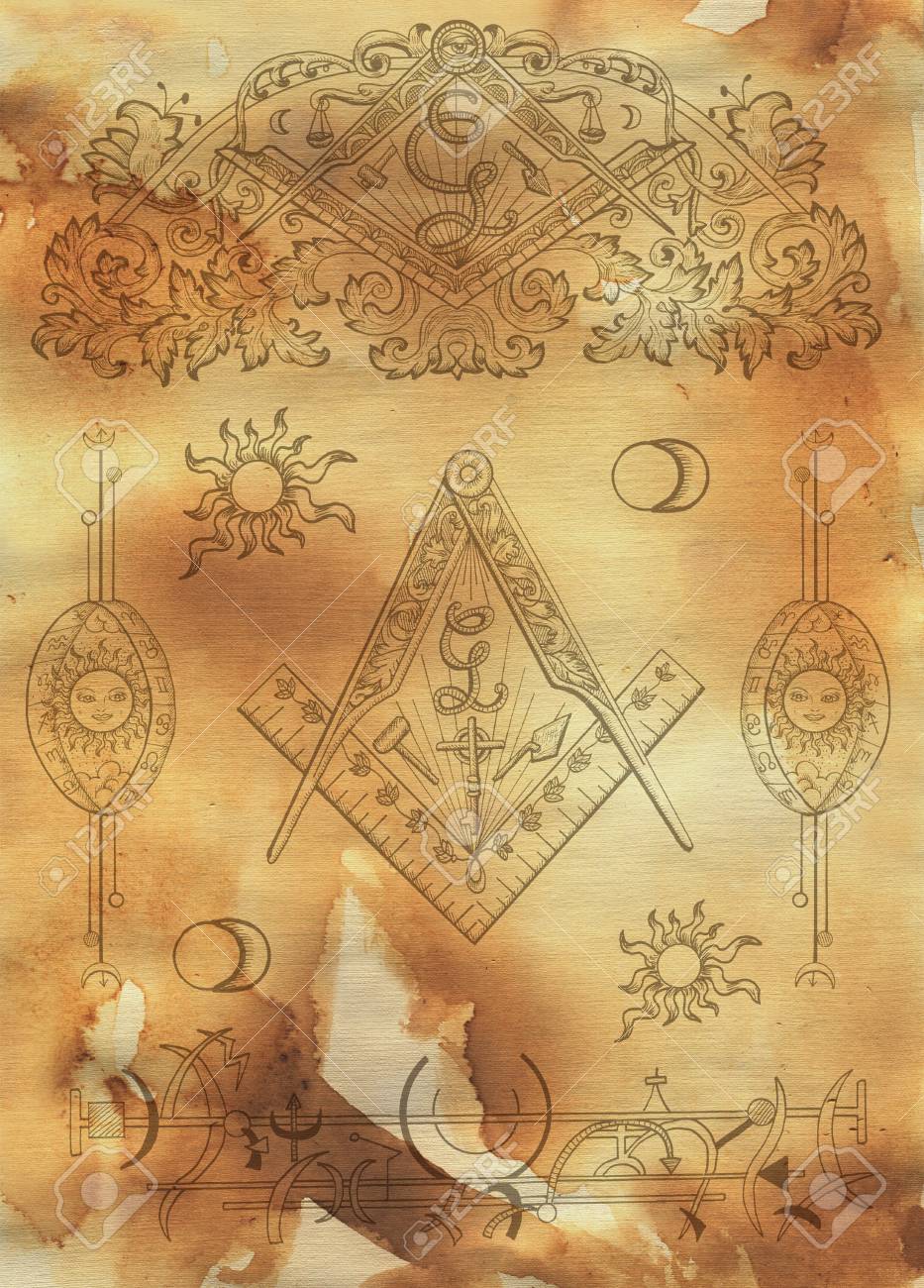 Scrapbook Design Background With Mason And Mystic Symbols On
