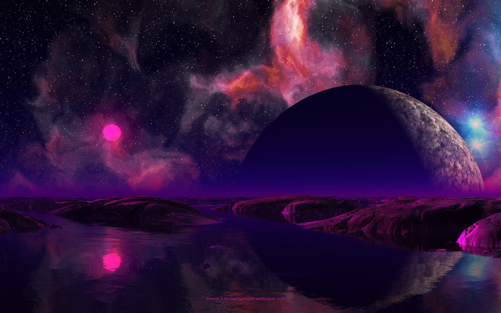 Pink Sun Over Water Planet Space Desktop Wallpaper   1680x1050 pixels