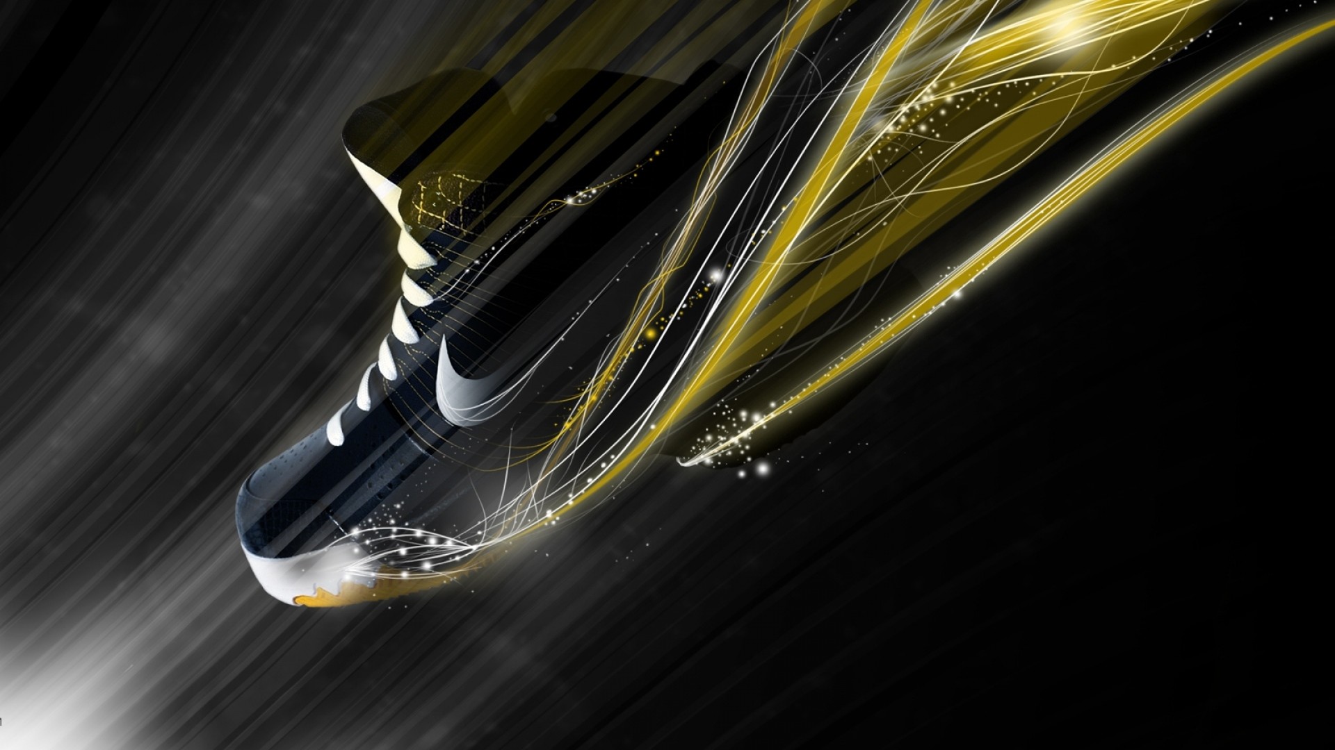Abstract image of a Nike shoe with gold streaks, possibly representing speed and movement
