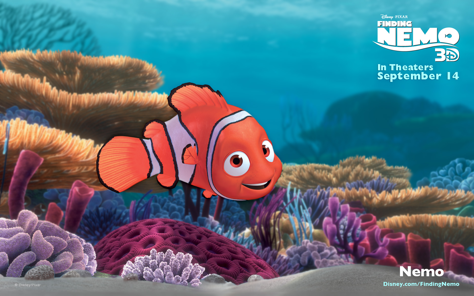 Nemo the clownfish swimming in a vibrant coral reef, promotional image for Finding Nemo 3D
