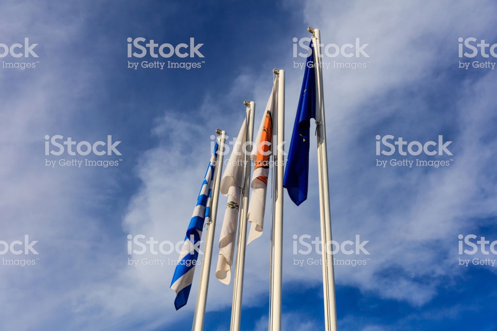 Cyprus Greece Eu And Larnaka Municipality Flags On Poles Cloudy